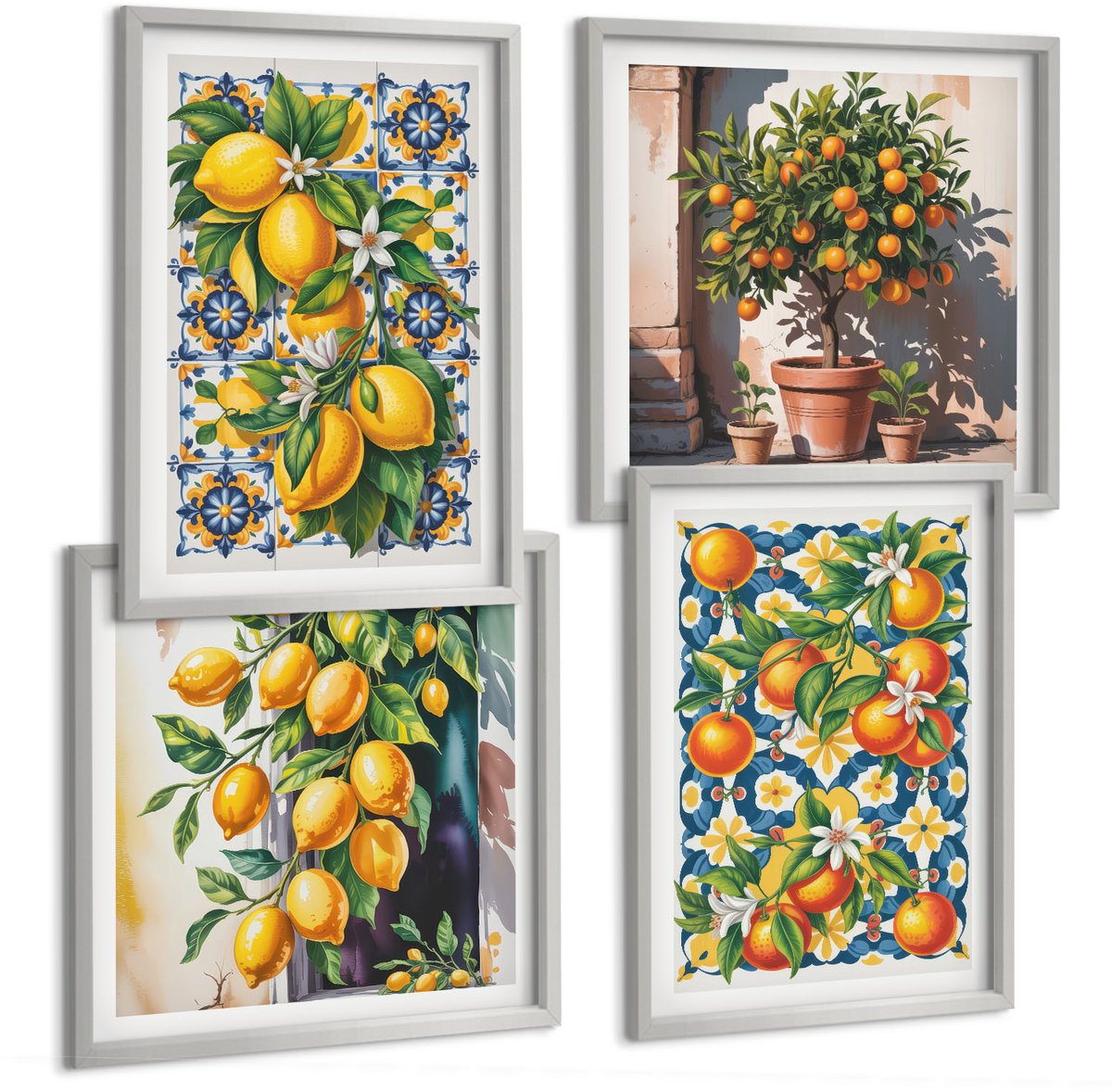 Coloray 4-Delige Schilderij Set - Posters Met Citrusvruchten En Kleurrijke Abstracte Patronen - 40 x 40 cm En 40 x 60 cm - Decoratieve Schilderijen - Woonkamer - Interieur - Stijlvolle Muurdecoratie