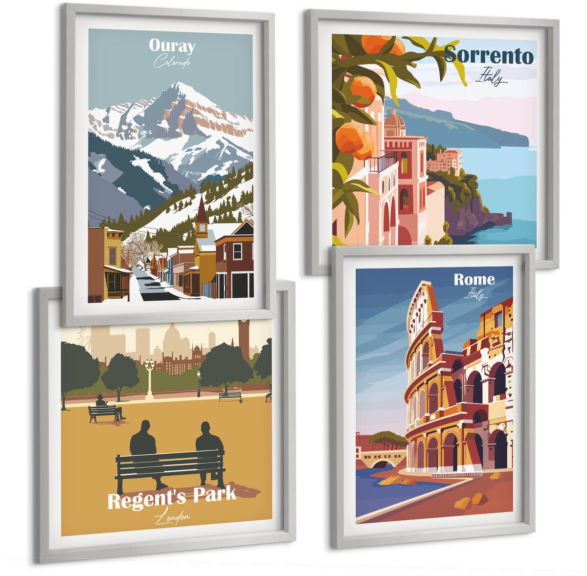 Coloray 4-Delige Schilderij Set - Retro-Illustraties Van Beroemde Regio'S Over De Hele Wereld - 40 x 40 cm En 40 x 60 cm - Moderne Wanddecoratie - Slaapkamer - Woonkamer Decoratie