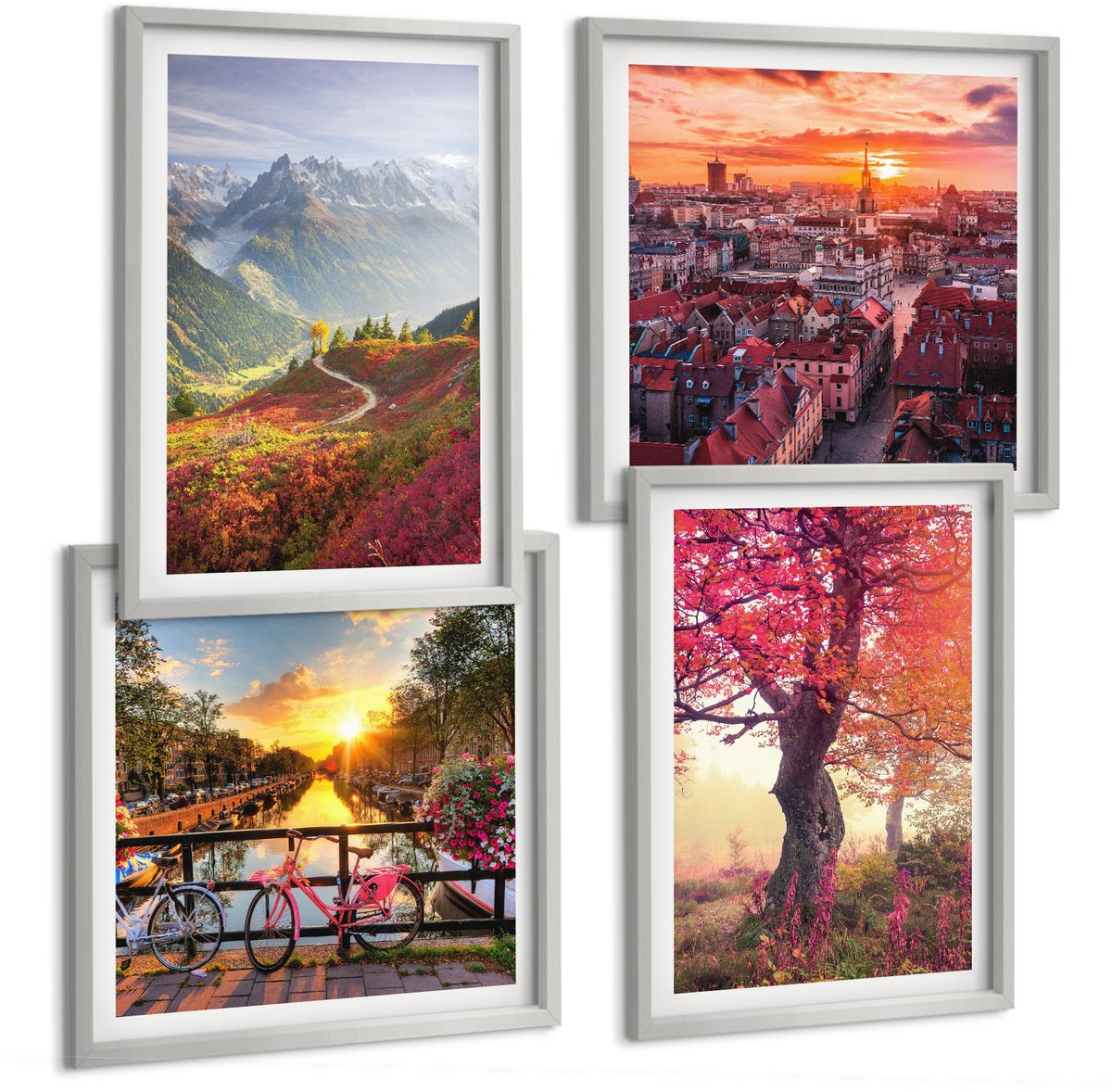 Coloray 4-Delige Schilderij Set - Berglandschappen Met Een Fiets En Een Herfstboom - 40 x 40 cm En 40 x 60 cm - Muurdecoratie - Wanddecoratie - Hal