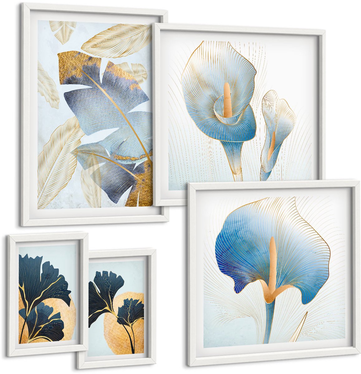 Coloray 5-Delige Schilderij Set - Plantenmotieven In Een Moderne Stijl Met Subtiele Accenten. - 50 x 50 cm, 20 x 30 cm En 40 x 60 cm - Muurdecoratie - Decoratieve Schilderijen - Wohnzimmer - Woonkamer Decoratie