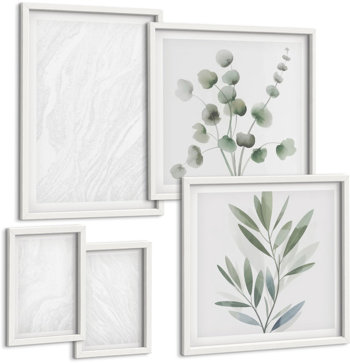 Coloray 5-Delige Schilderij Set - Elegante Lineaire Structuur Van Marmer Met Pastelkleurige Takken - 50 x 50 cm, 20 x 30 cm En 40 x 60 cm - Muurdecoratie - Schilderijen Set - Woonkamer - Interieur Decoratie
