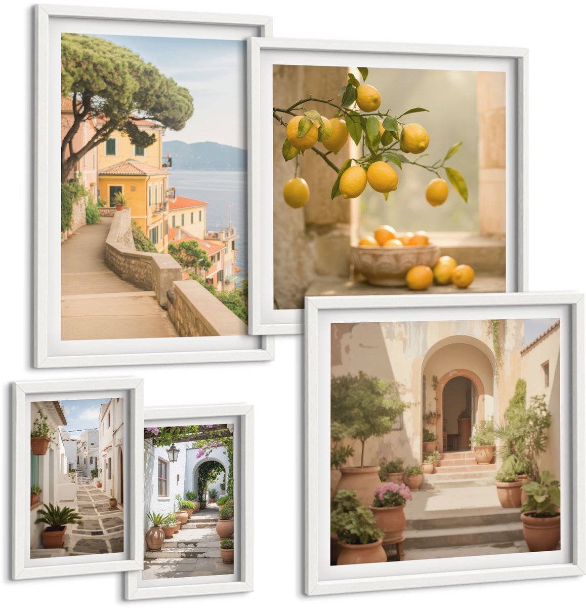 Coloray 5-Delige Schilderij Set - Sfeervolle Straatjes En Fruit In Mediterrane Stijl - 50 x 50 cm, 20 x 30 cm En 40 x 60 cm - Schilderijen Set - Wanddecoratie - Woonkamer - Interieur Decoratie