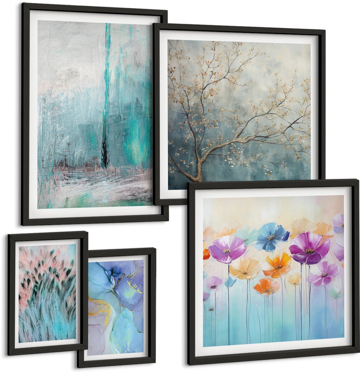Coloray 5-Delige Schilderij Set - Abstracte Landschappen Met Bloemen En Delicate Motieven - 50 x 50 cm, 20 x 30 cm En 40 x 60 cm - Schilderijen Set - Wanddecoratie - Woonkamer - Interieur Decoratie Zwarte lijst
