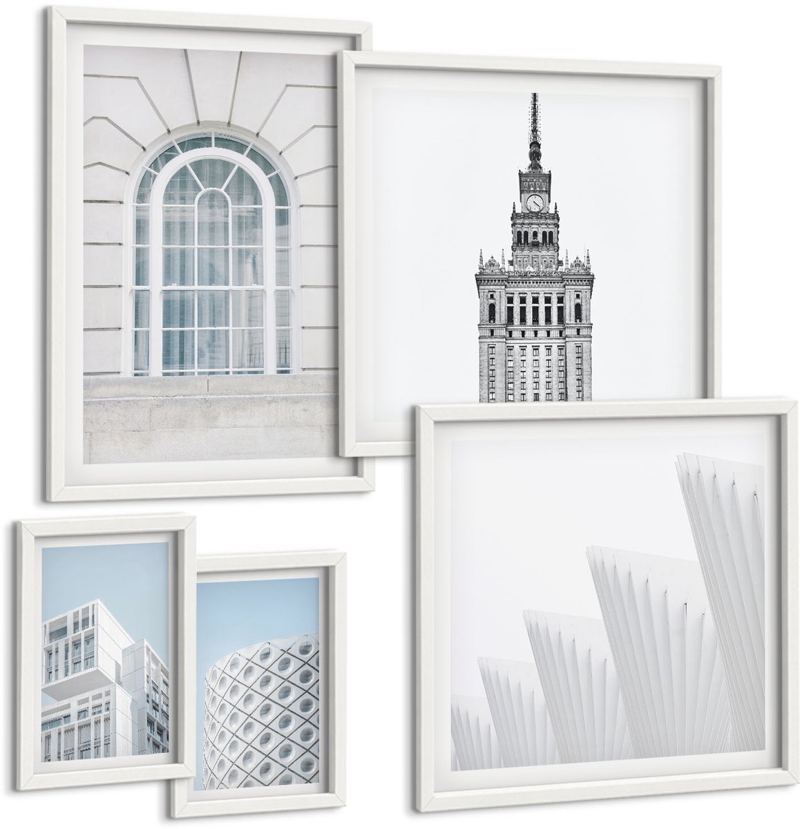 Coloray 5-Delige Schilderij Set - Moderne Architectuur: Minimalistische Vormen En Lijnen - 50 x 50 cm, 20 x 30 cm En 40 x 60 cm - Moderne Wanddecoratie - Woonkamer - Decoratieve Schilderijen