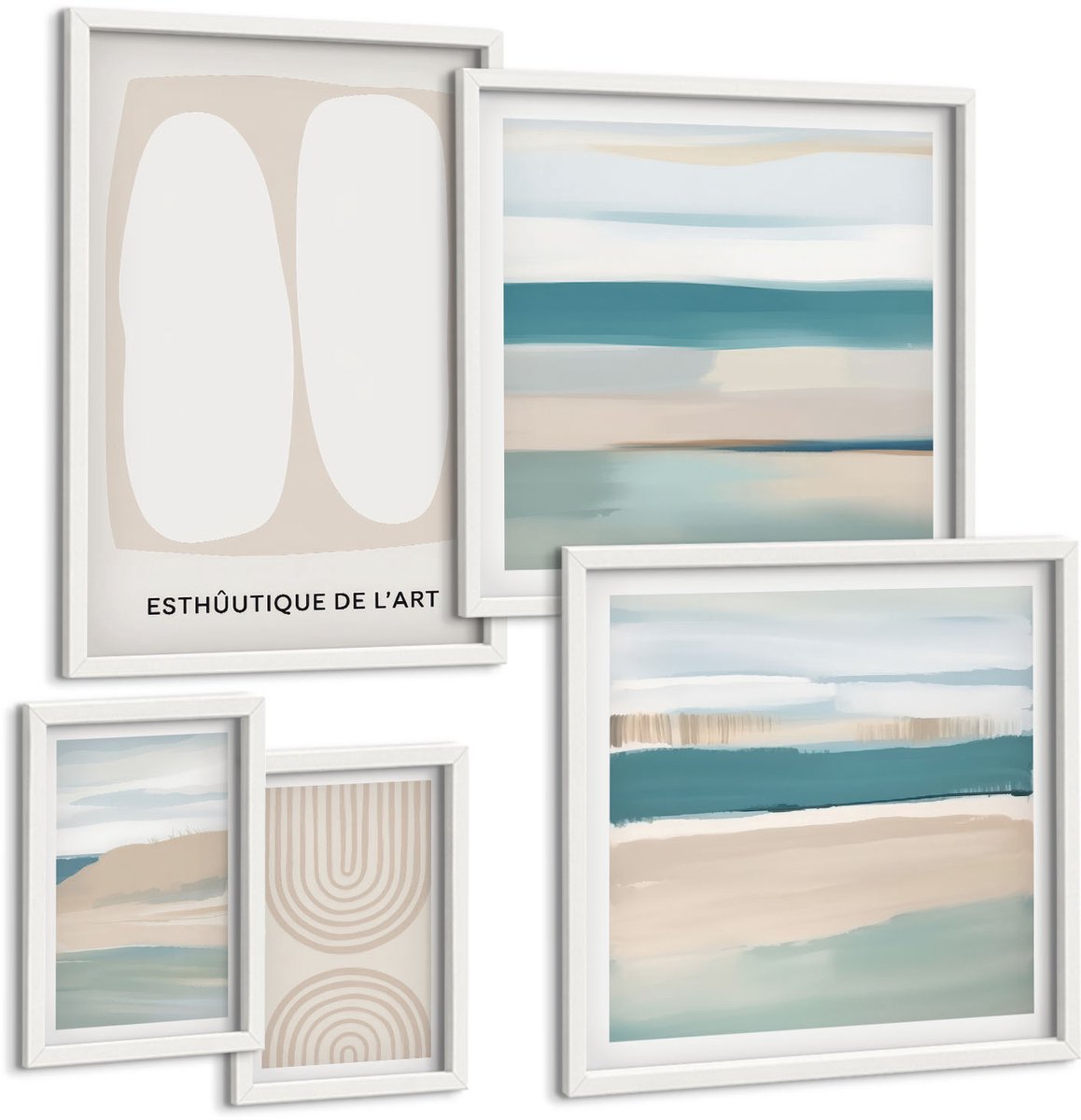 Coloray 5-Delige Schilderij Set - Abstracte Composities In Tinten Van Natuur En Geometrie. - 50 x 50 cm, 20 x 30 cm En 40 x 60 cm - Stijlvolle Muurdecoratie - Slaapkamer - Moderne Wanddecoratie