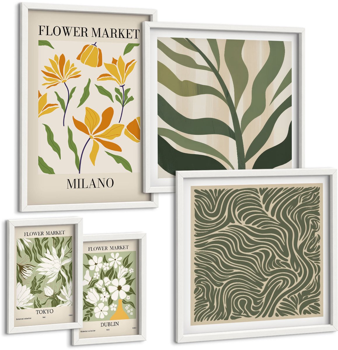 Coloray 5-Delige Schilderij Set - Plantaardige Bloemmotieven In Een Moderne En Minimalistische Stijl. - 50 x 50 cm, 20 x 30 cm En 40 x 60 cm - Stijlvolle Wanddecoratie - Interieur - Muurdecoratie