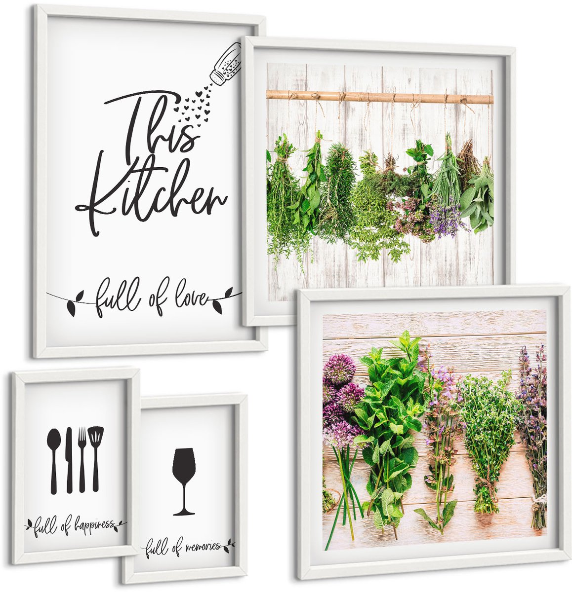 Coloray 5-Delige Schilderij Set - Een Keuken Vol Liefde: Kruiden En Culinaire Accessoires - 50 x 50 cm, 20 x 30 cm En 40 x 60 cm - Wanddecoratie - Moderne Interieurdecoratie - Woonkamer Decoratie