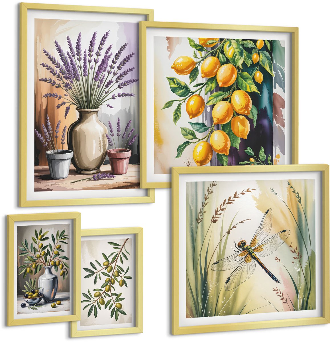 Coloray 5-Delige Schilderij Set - Bloemstukken In Rustieke Stijl Met Olijven En Citroenen - 50 x 50 cm, 20 x 30 cm En 40 x 60 cm - Muurdecoratie - Wanddecoratie - Hal