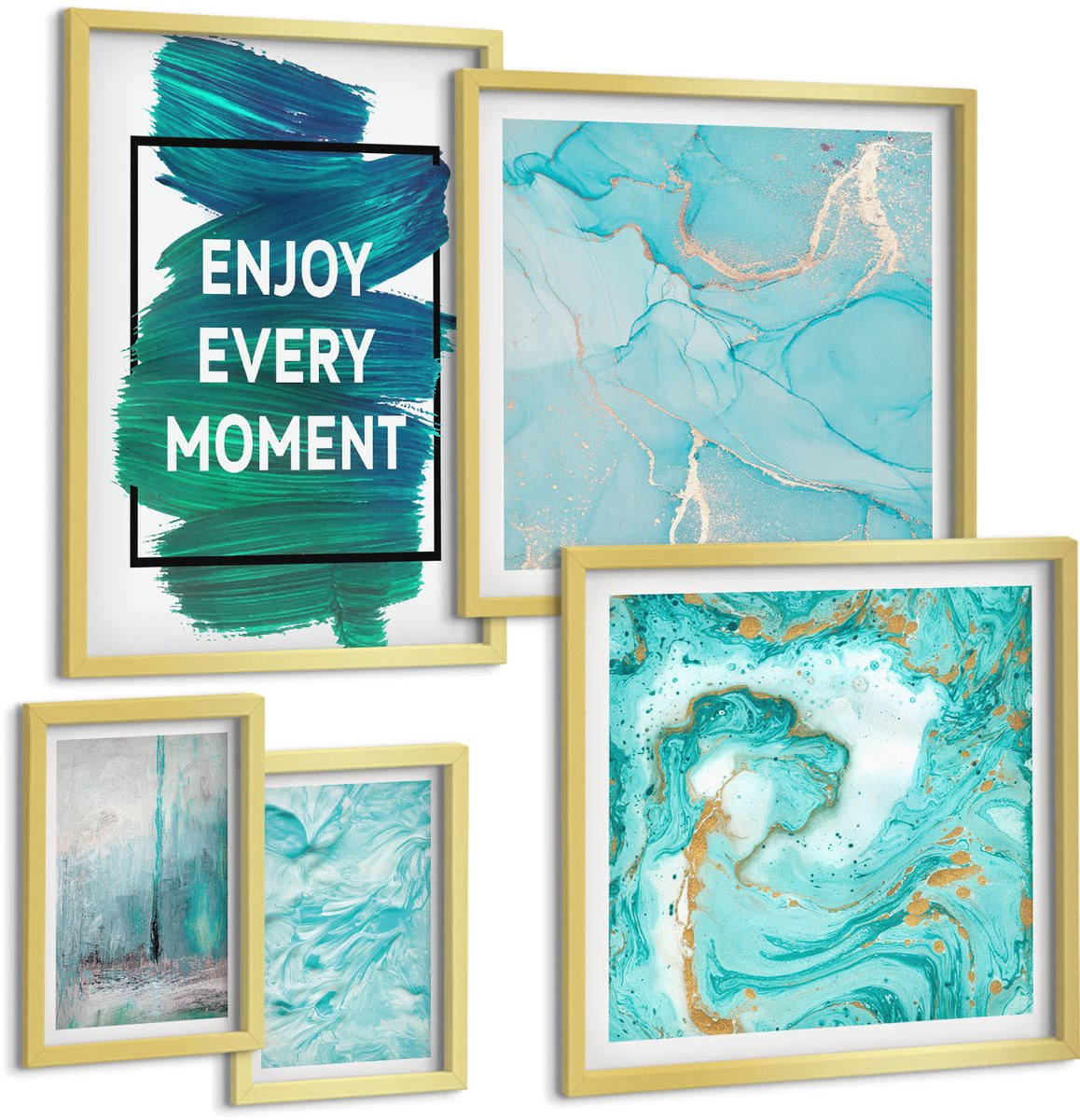Coloray 5-Delige Schilderij Set - Abstracte Composities Met Inspirerende Letters En Patronen - 50 x 50 cm, 20 x 30 cm En 40 x 60 cm - Stijlvolle Muurdecoratie - Kantoor - Wanddecoratie