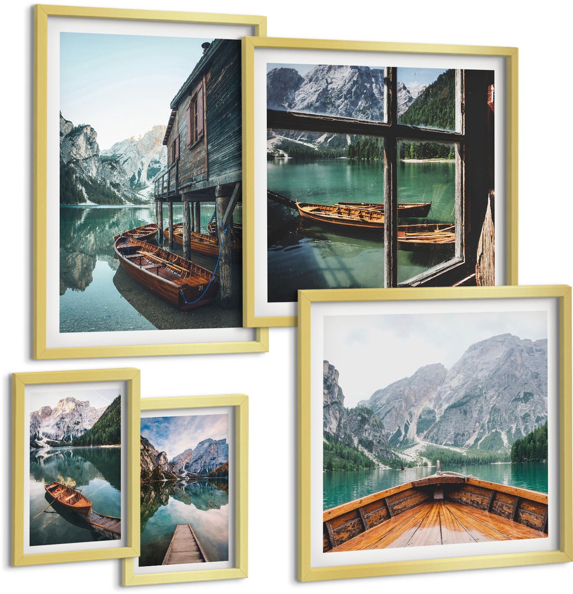 Coloray 5-Delige Schilderij Set - Rustige Meren En Pittoreske Berglandschappen - 50 x 50 cm, 20 x 30 cm En 40 x 60 cm - Decoratieve Schilderijen - Woonkamer - Interieur