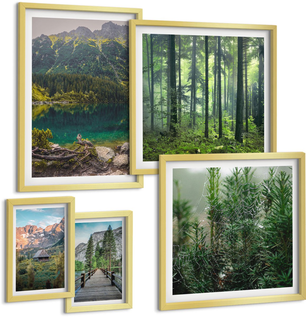 Coloray 5-Delige Schilderij Set - Natuurlandschappen Met Uitzicht Op Bergen En Bossen - 50 x 50 cm, 20 x 30 cm En 40 x 60 cm - Wanddecoratie - Schilderijen Set - Interieur