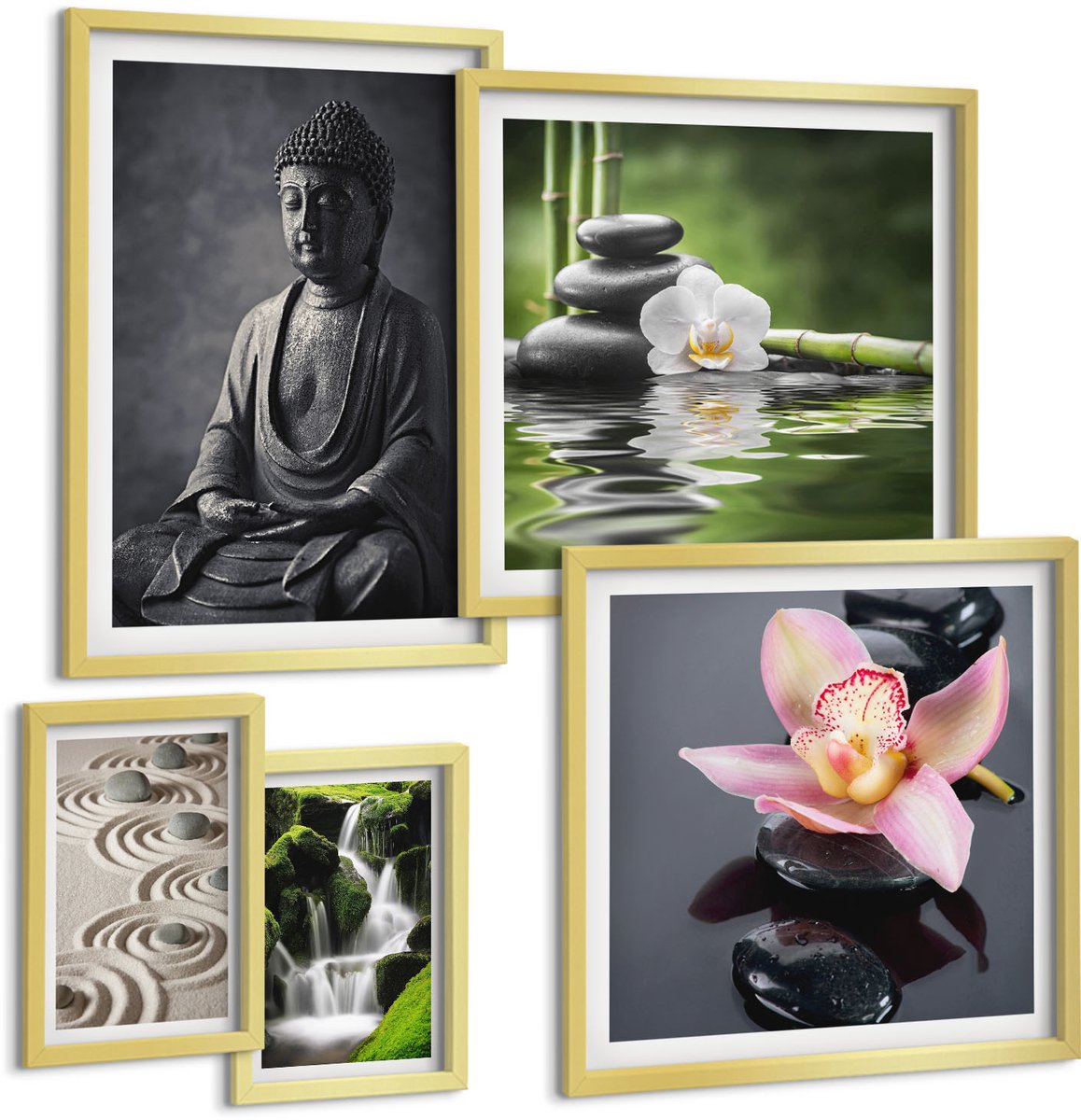 Coloray 5-Delige Schilderij Set - Een Ontspannende Zen-Sfeer Met Elementen Uit De Natuur En Meditatie. - 50 x 50 cm, 20 x 30 cm En 40 x 60 cm - Wanddecoratie - Schilderijen Set - Kantoor - Decoratieve Schilderijen