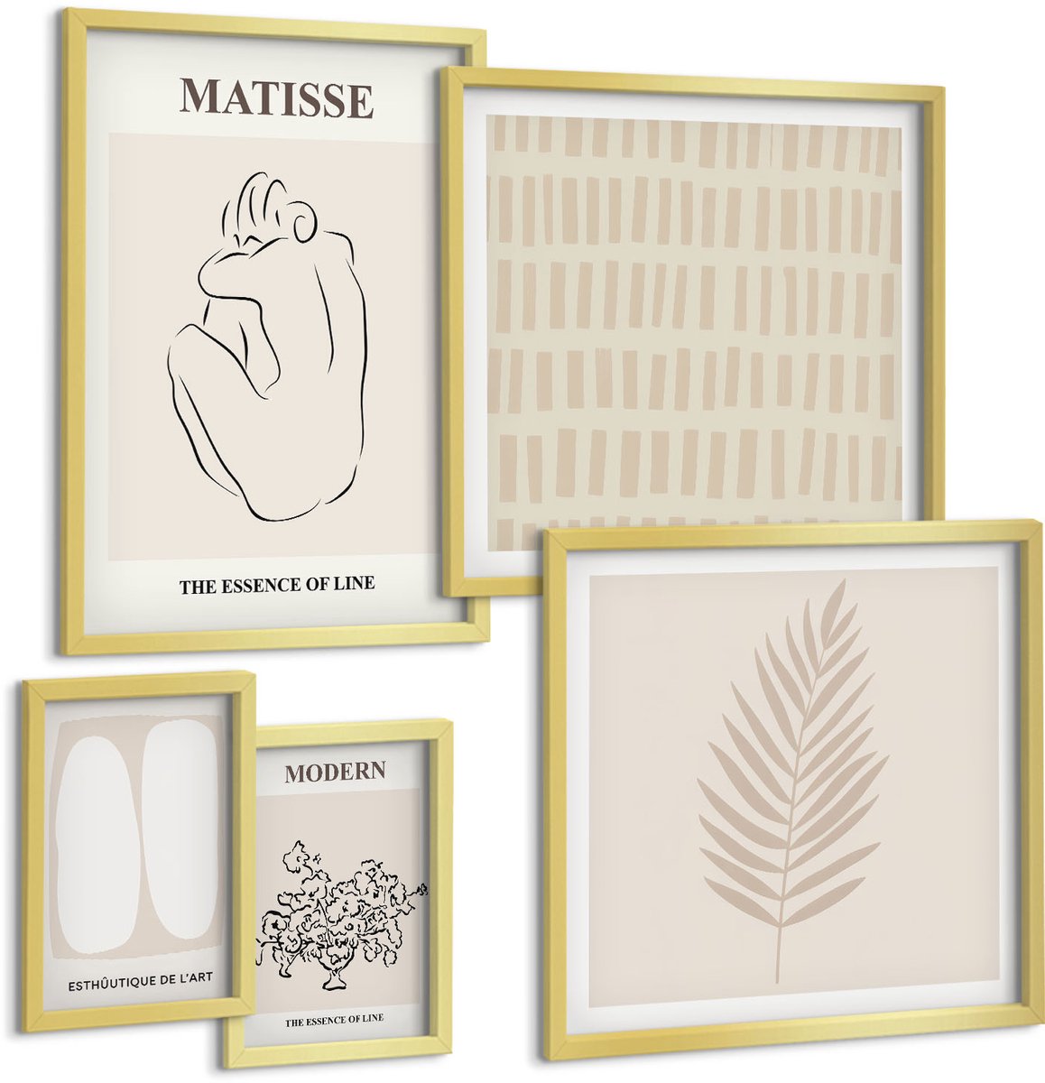 Coloray 5-Delige Schilderij Set - Minimalistische Lijnen En Vormen In Een Moderne Uitvoering. - 50 x 50 cm, 20 x 30 cm En 40 x 60 cm - Wanddecoratie - Moderne Interieurdecoratie