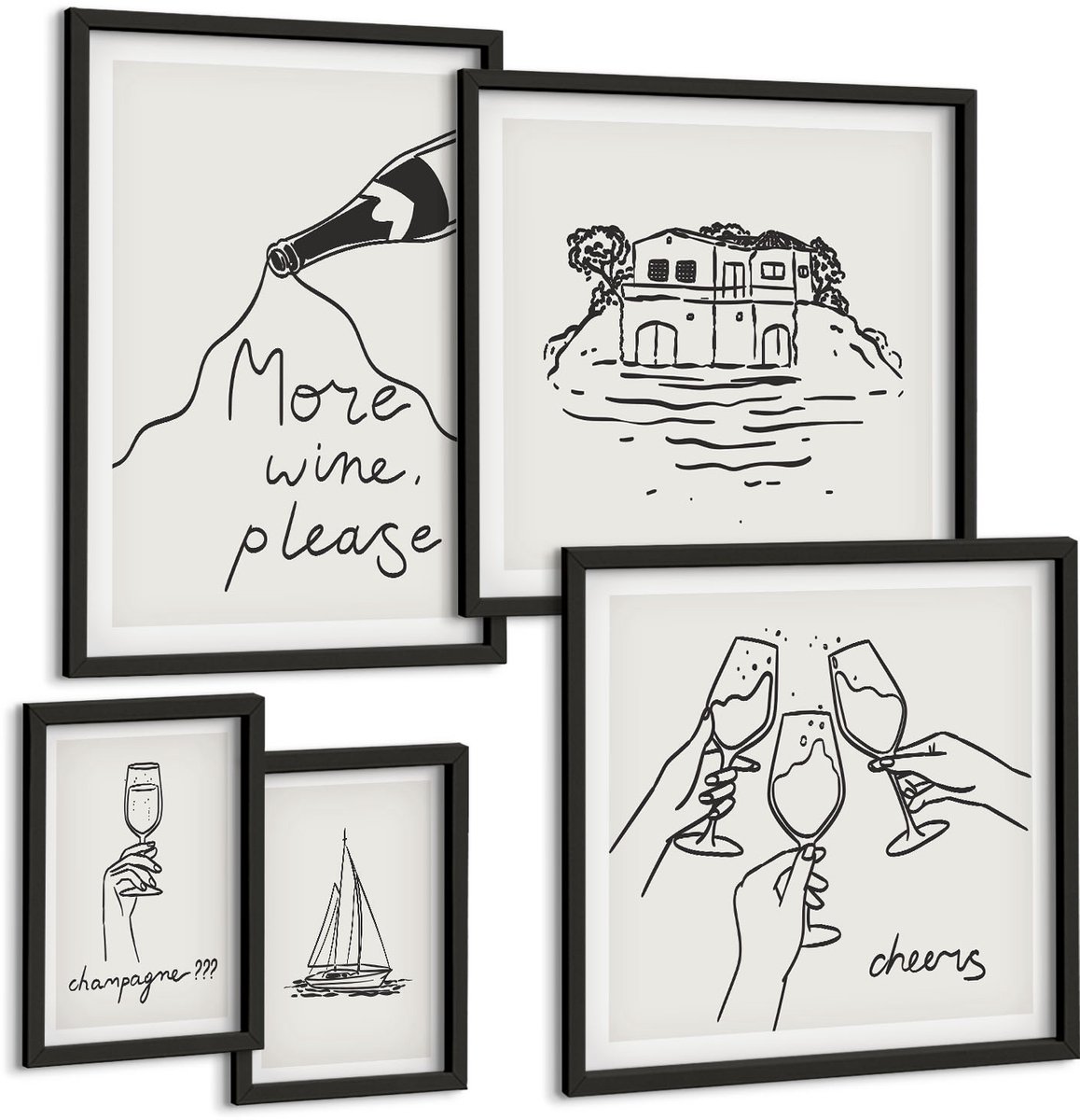 Coloray 5-Delige Schilderij Set - Stijlvolle Illustraties Voor Een Wijn- En Toastfeest. - 50 x 50 cm, 20 x 30 cm En 40 x 60 cm - Moderne Wanddecoratie - Woonkamer - Stijlvolle Muurdecoratie