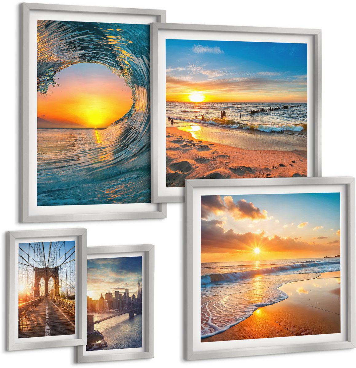 Coloray 5-Delige Schilderij Set - Bruggen En Zonsondergangen In Het Stedelijk Landschap - 20 x 30 cm - Wanddecoratie - Woonkamer Decoratie