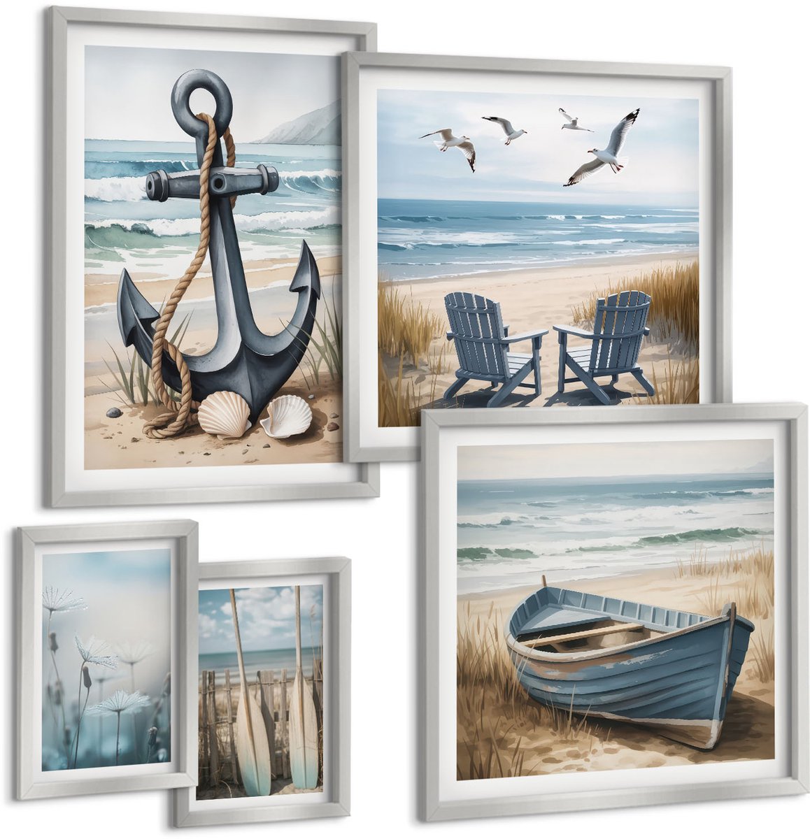 Coloray 5-Delige Schilderij Set - Rustige Landschappen Van Bos En Meer Met Een Boot - 20 x 30 cm - Muurdecoratie - Decoratieve Schilderijen - Wohnzimmer