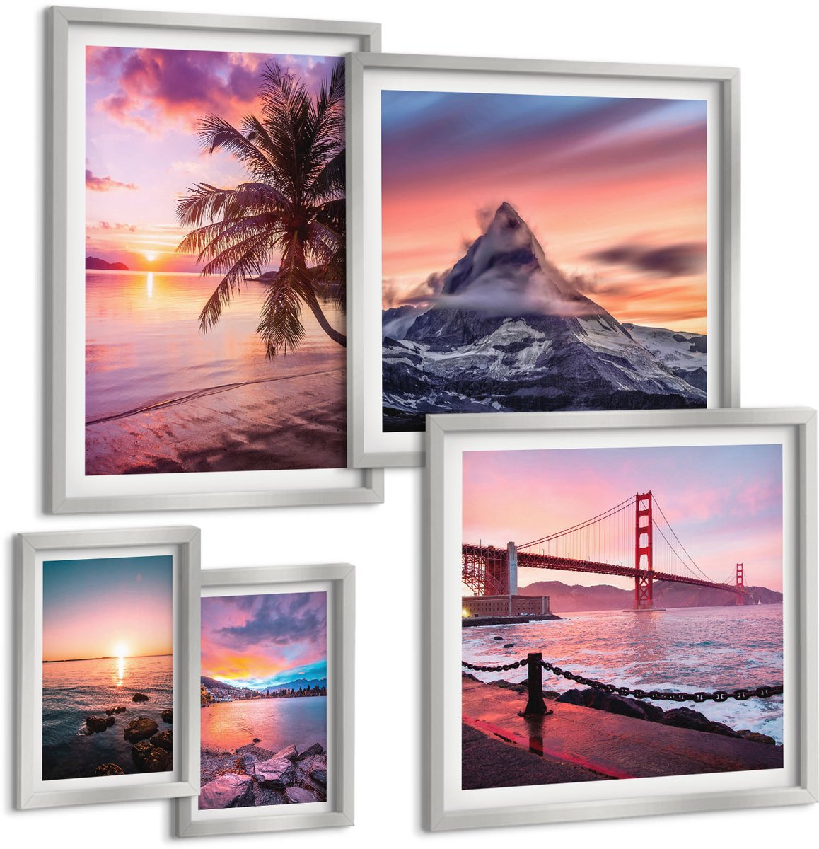Coloray 5-Delige Schilderij Set - Champagnekleurige Rozen En Een Pastelkleurige Marmeren Achtergrond - 20 x 30 cm - Muurdecoratie - Wanddecoratie - Slaapkamer