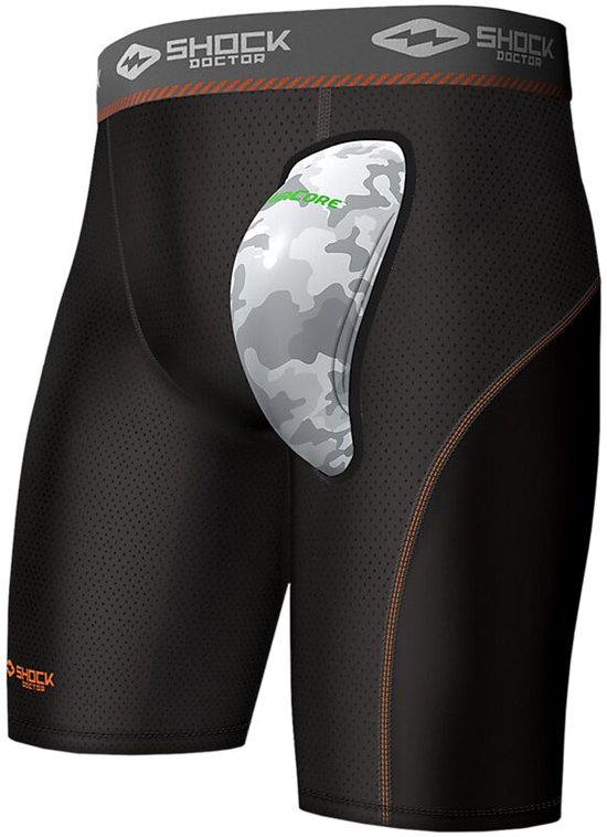 Zwarte sportbroek met grijze camouflage kruisbeschermer met 'AIR CORE' logo, en oranje stiksels.