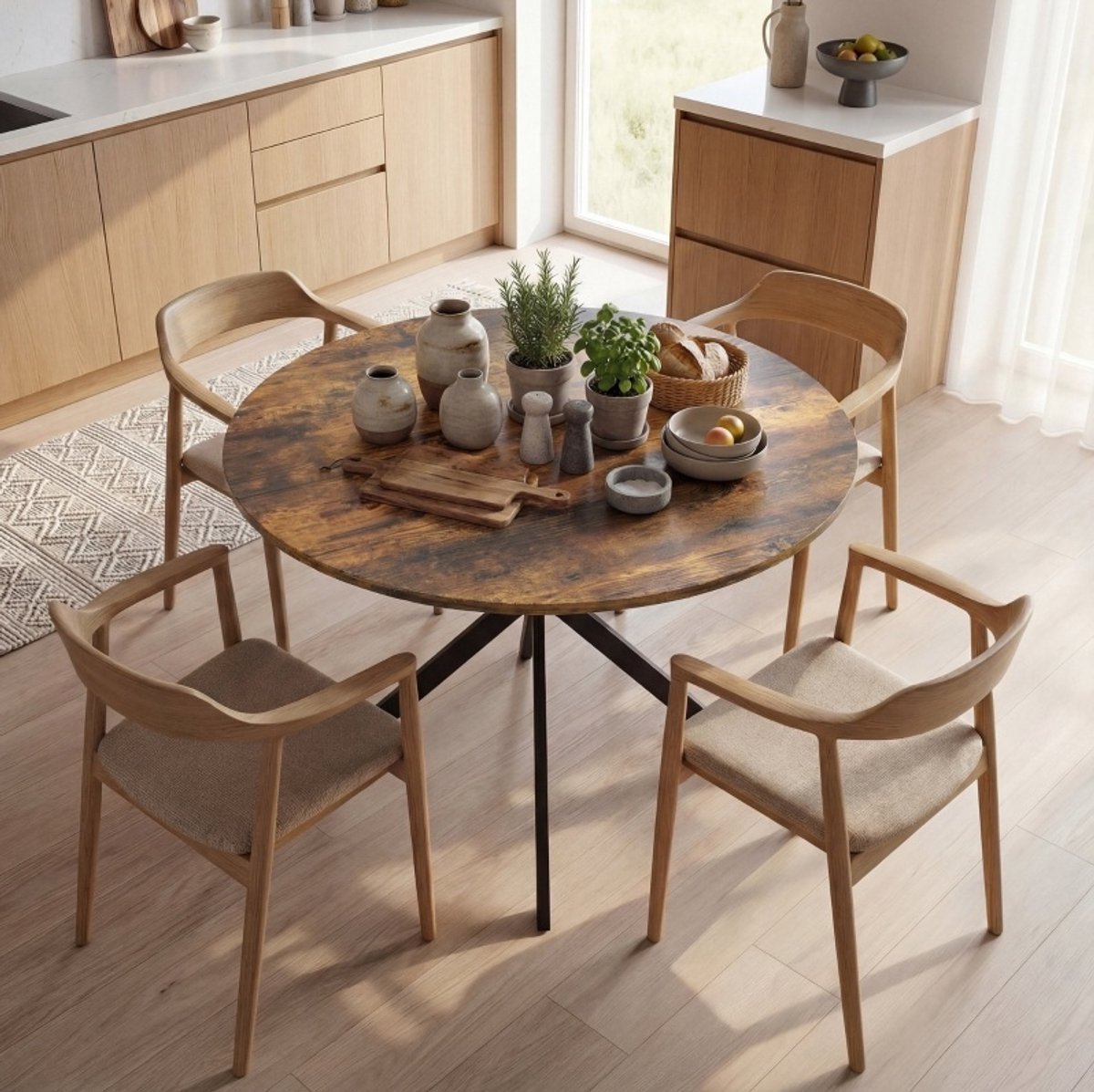 REDOM - Ronde eettafel - Ø100 cm - Voor 4 personen - X-vormig stalen onderstel - Melamine tafelblad - Industrieel - Woonkamer of keuken - Hout - Rustiek bruin