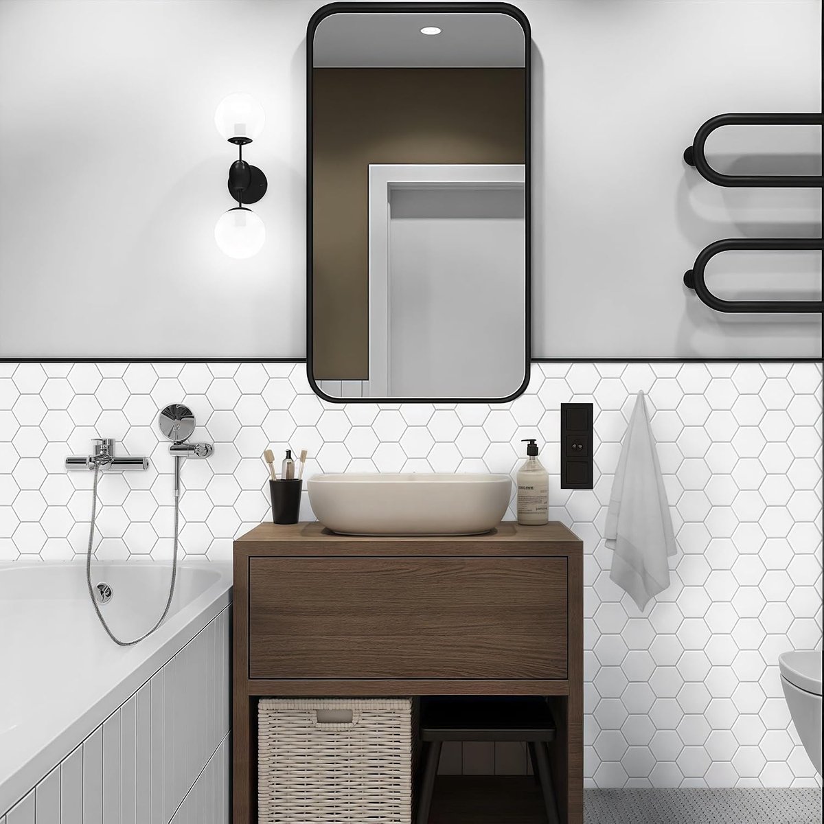Tegelstickers met witte zeshoek, 10 vel, beschermfolie verwijderen en opplakken, zelfklevende waterdichte spatwand, tegelstickers voor keuken, badkamer muur