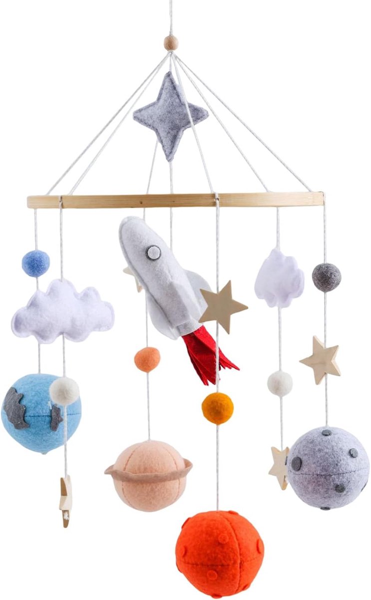 Mobiele baby met planeten vilten ballen, wolk vilt, mobiel babybed, windgong, hangend mobiel windspel, speelgoed voor babybed, cadeau voor pasgeborenen
