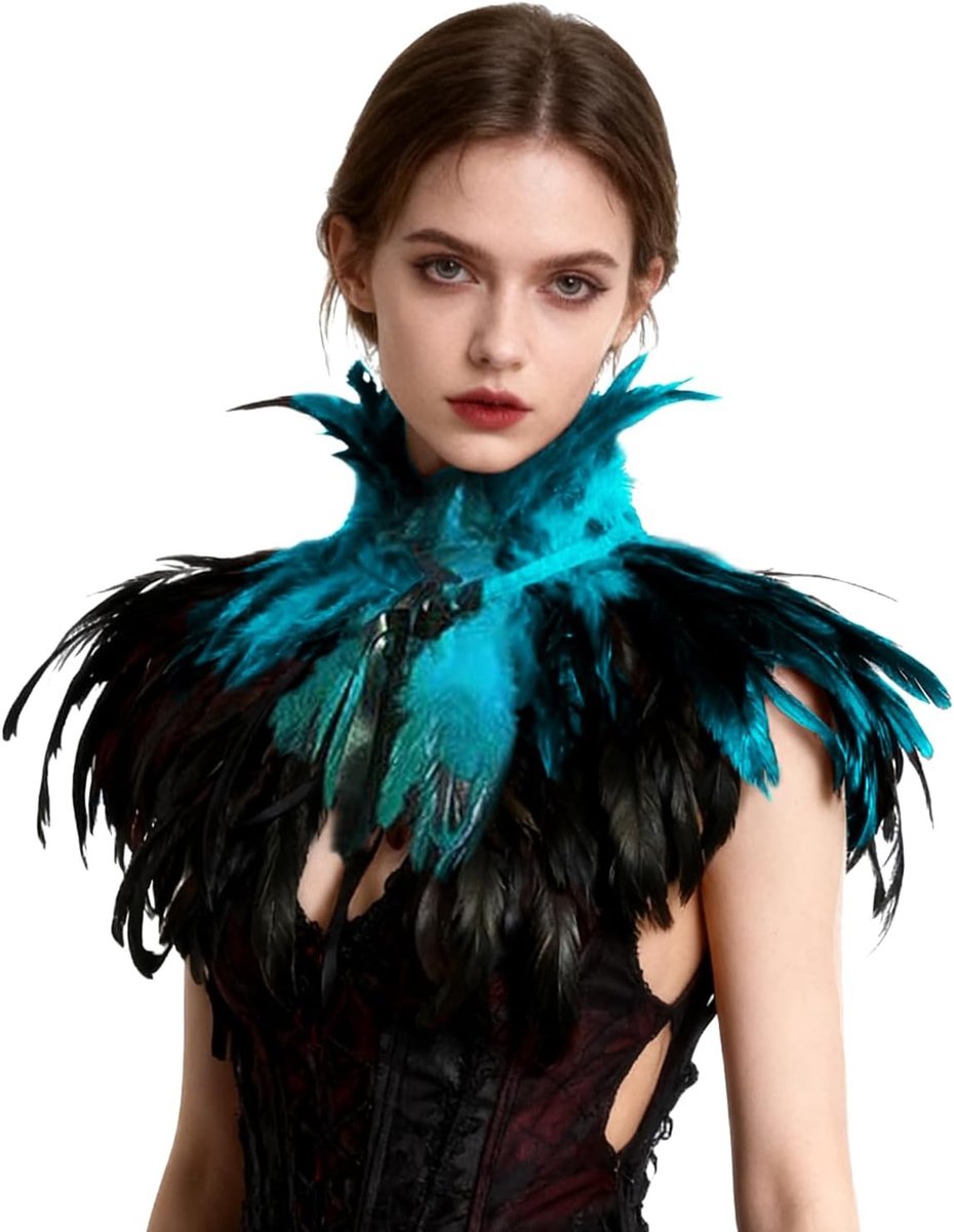 Gothic Victoriaanse Natuurlijke Veertjes Sjaal Poncho met Kraag in Blauw, One Size, Perfect voor Feestjes en Kostuums