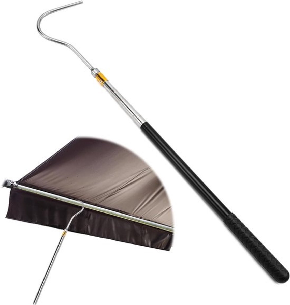 Telescoopstang - Met haak - Trekhaakstang - Voor het openen van luifels - Verstelbare lengte - 42–150 cm - Zwart en zilver