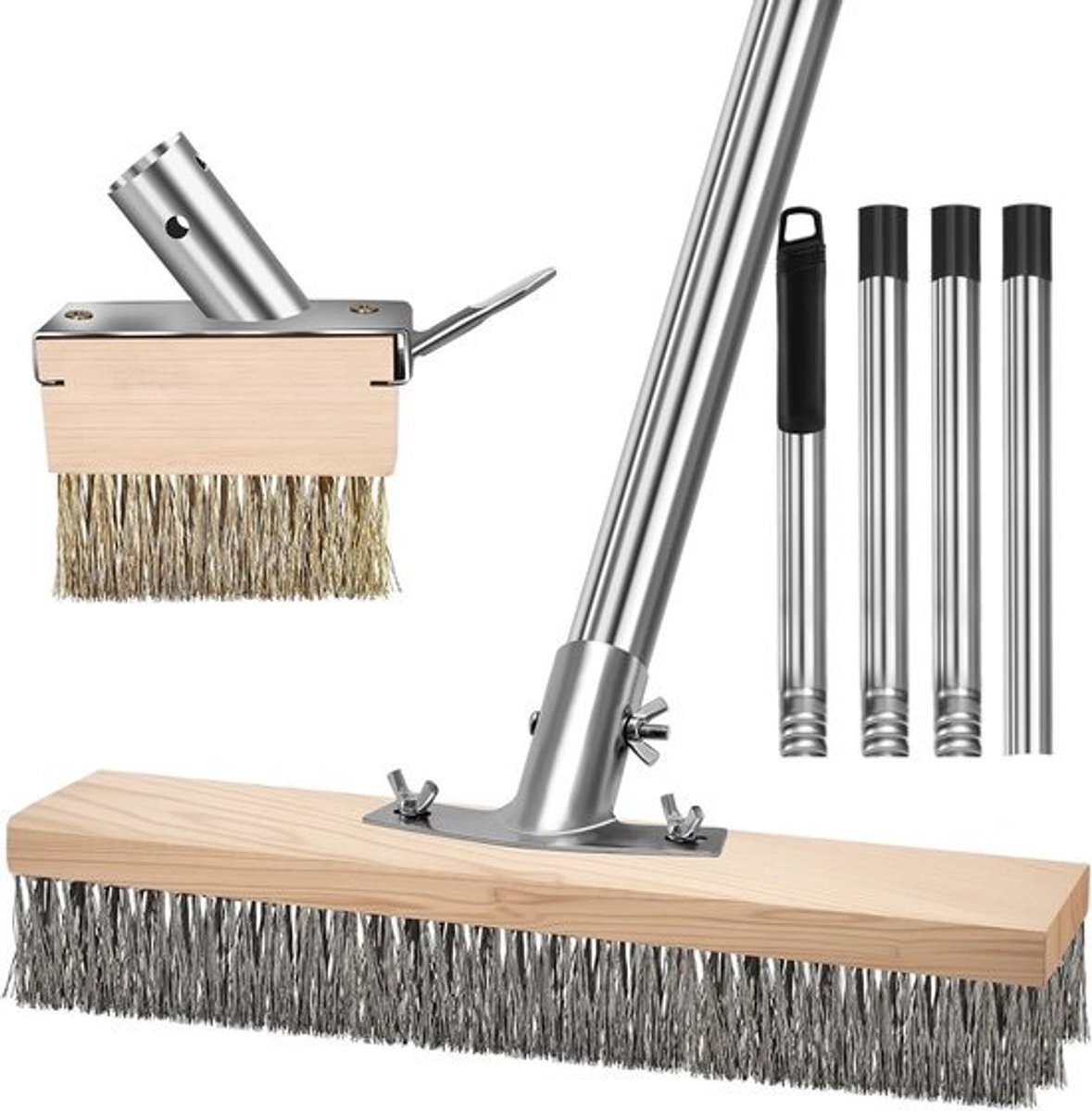 Voegenborstel met steel - onkruid- en terrasborstel - stalen draadbezem - verstelbare steel 165 cm - 2 borstelkoppen