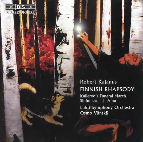 CD hoes met tekst: Robert Kajanus FINNISH RHAPSODY Kullervo's Funeral March Sinfonietta | Aino Lahti Symphony Orchestra Osmo Vänskä. Abstracte achtergrond met orkestleden.
