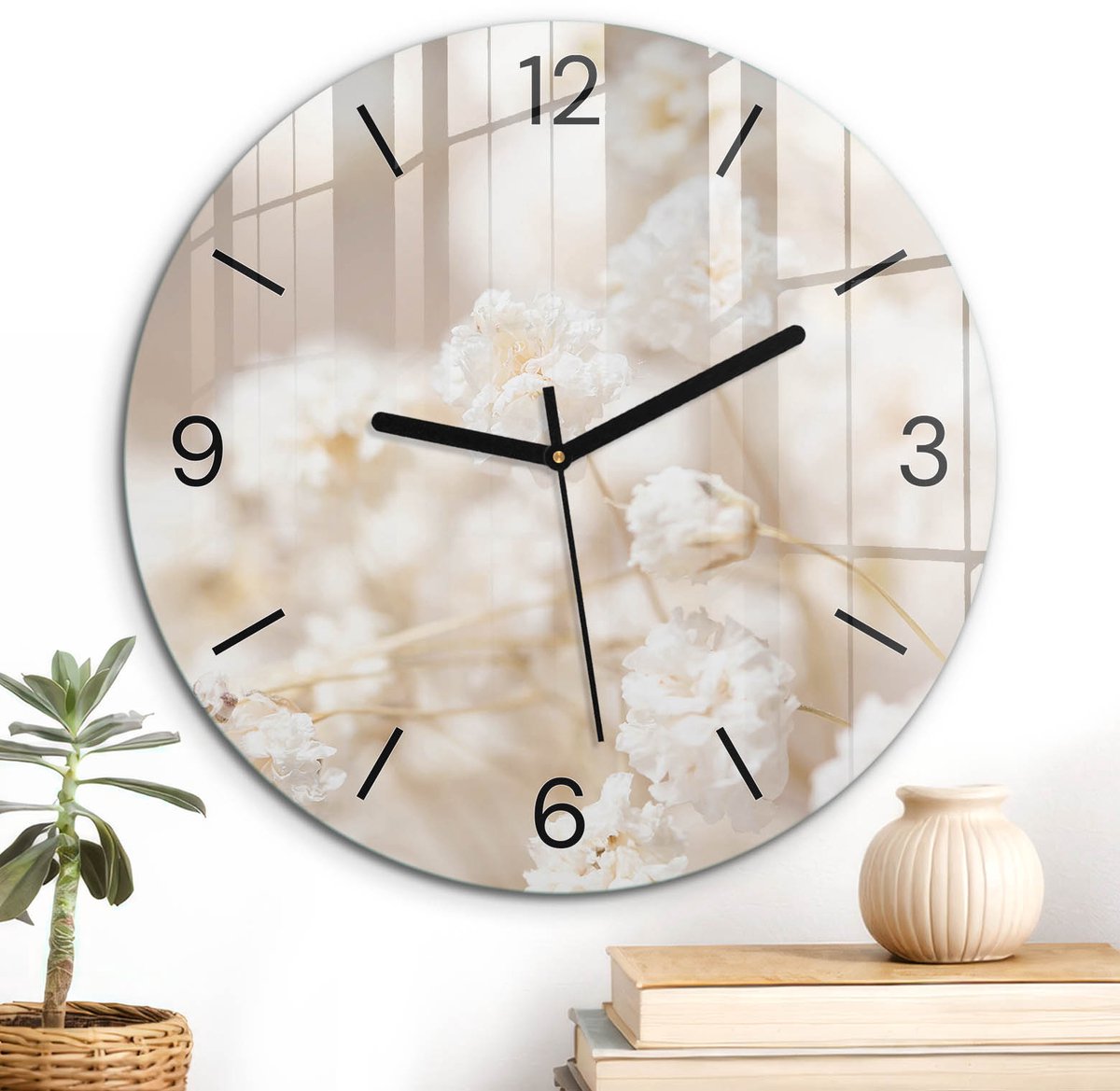 ArtPrintCave Wit Glazen Klok - Wandklok 30 cm - Muurklok Rond - Witte Delicatesse Wandklok Keuken - Natuur Unieke Klok - Zwarte Klokwijzers