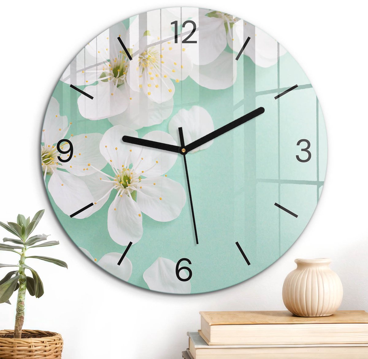 ArtPrintCave Wit Glazen Klok - Wandklok 30 cm - Muurklok Rond - Bloemige Elegantie Stille Wandklok - Natuur Wandklok Keuken - Zwarte Klokwijzers