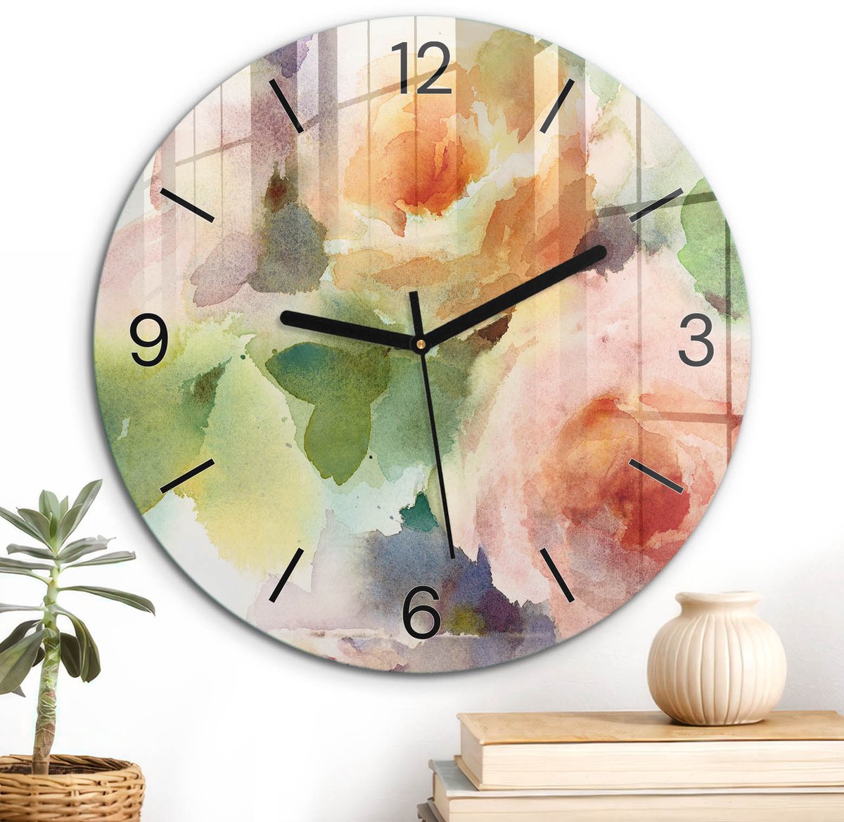 ArtPrintCave Groene Glazen Klok - Wandklok 30 cm - Muurklok Rond - Bloemige Elegantie Stille Wandklok - Kunst Wandklok Keuken - Zwarte Klokwijzers