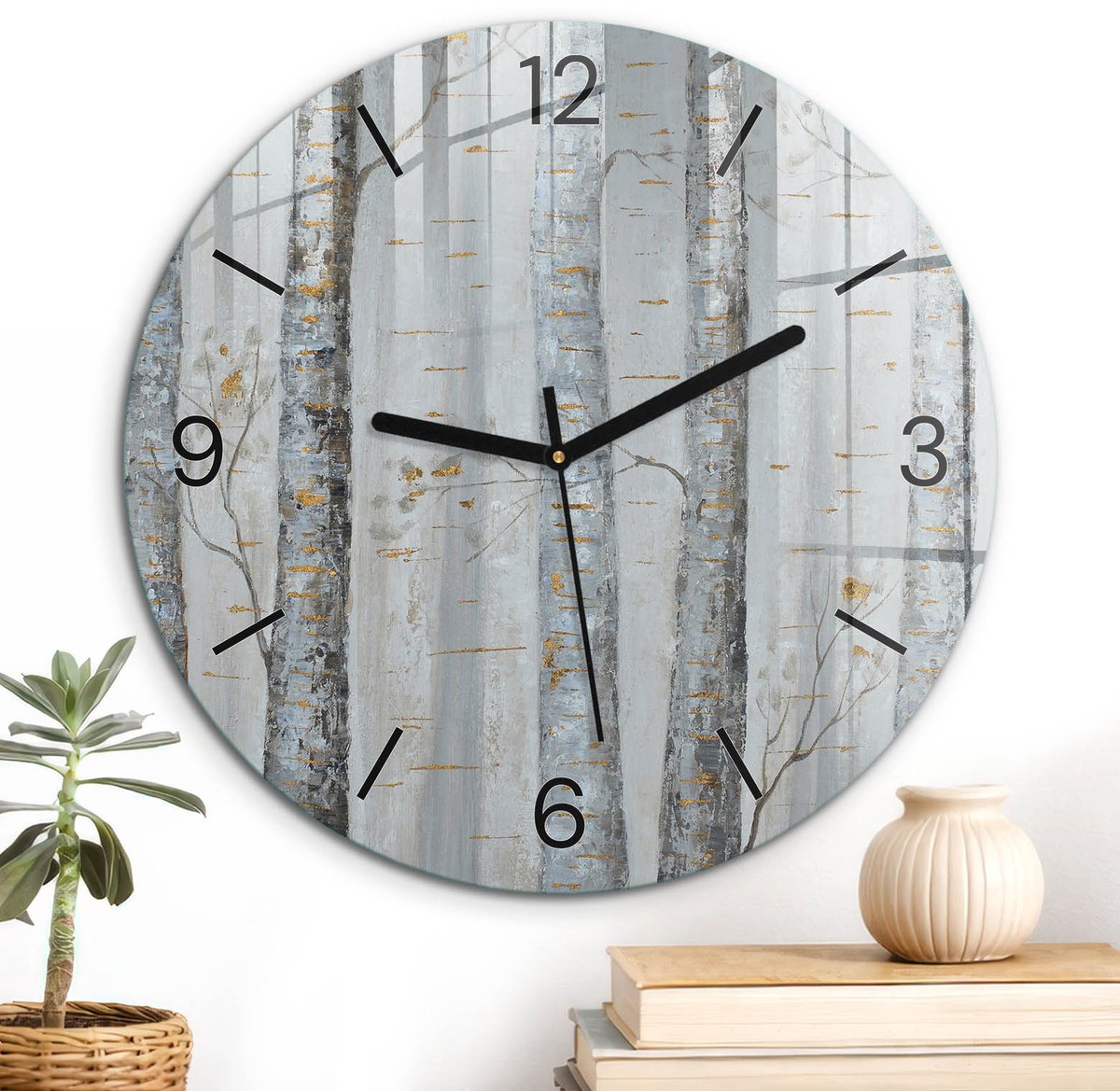 ArtPrintCave Grijs Glazen Klok - Wandklok 30 cm - Muurklok Rond - Berken In Het Bos Wandklok Keuken - Bloemen En Planten Unieke Klok - Zwarte Klokwijzers