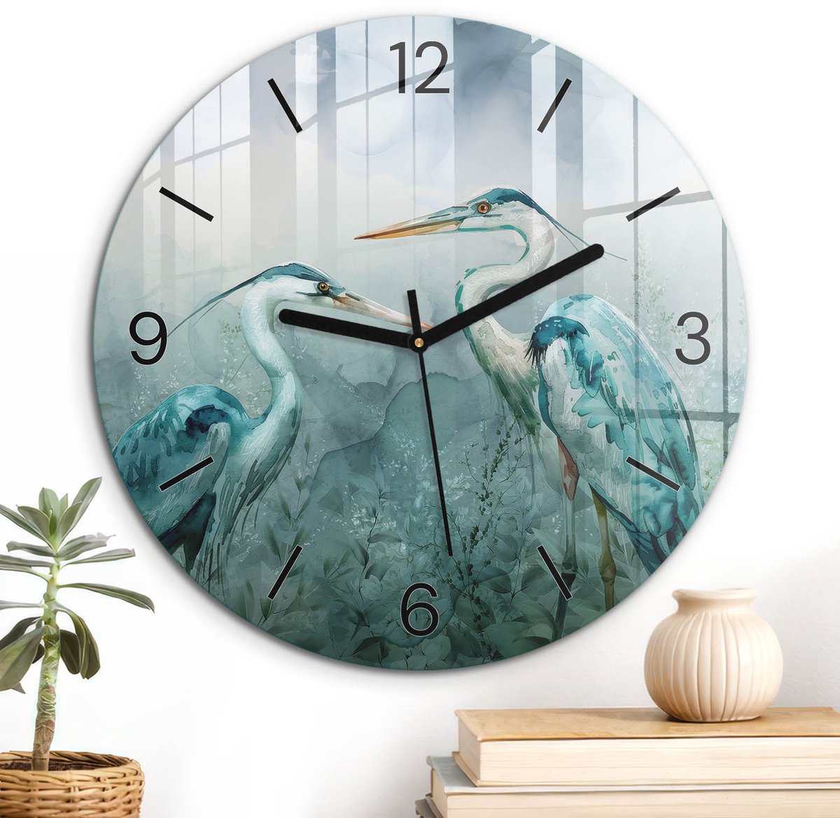 ArtPrintCave Blauw Glazen Klok - Wandklok 30 cm - Muurklok Rond - Vogels Natuur Stille Wandklok - Natuur Wandklok Keuken - Zwarte Klokwijzers