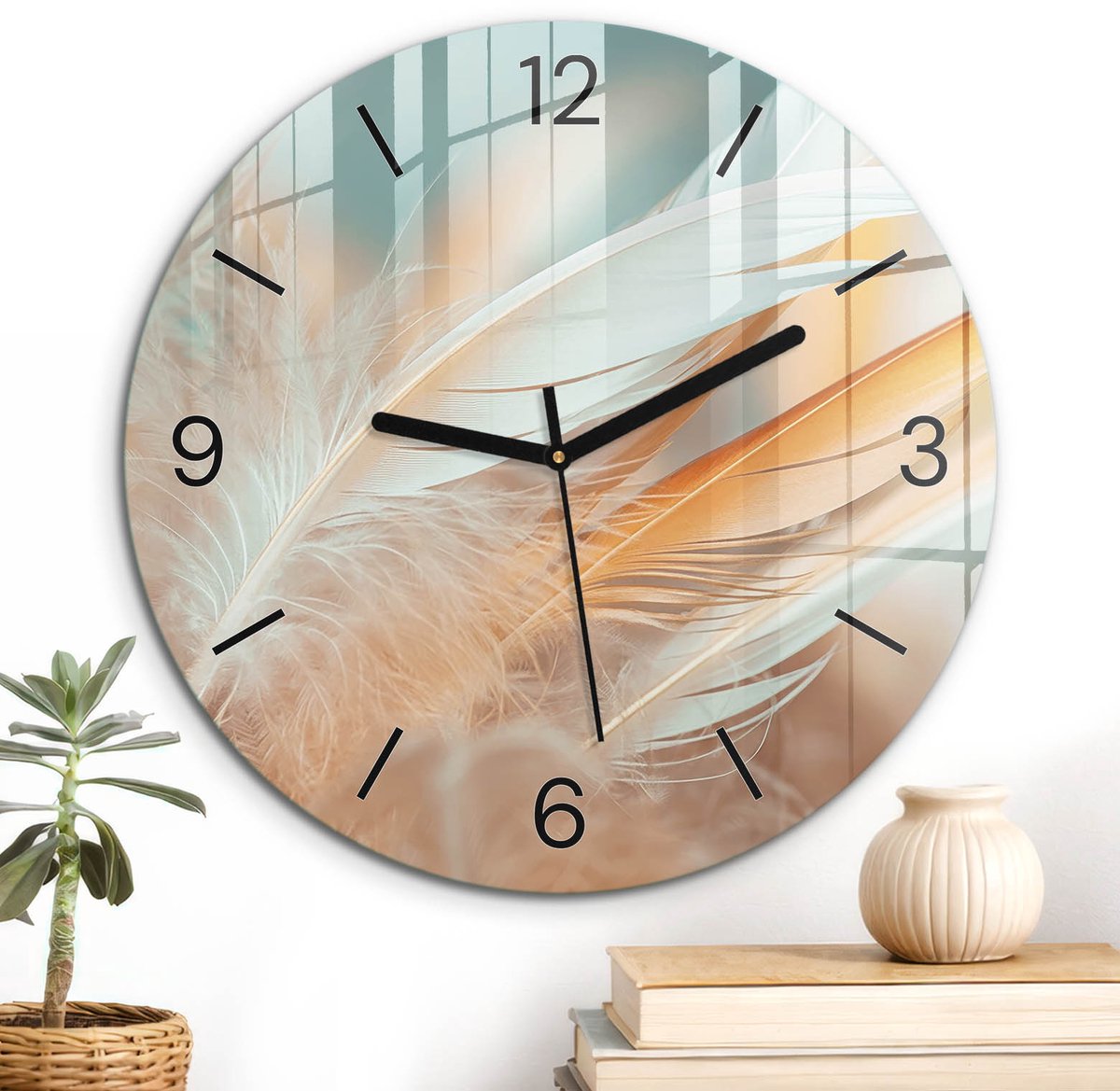 ArtPrintCave Beige Glazen Klok - Wandklok 30 cm - Muurklok Rond - Beige Veren Unieke Klok - Achtergronden En Patronen Stille Wandklok - Zwarte Klokwijzers