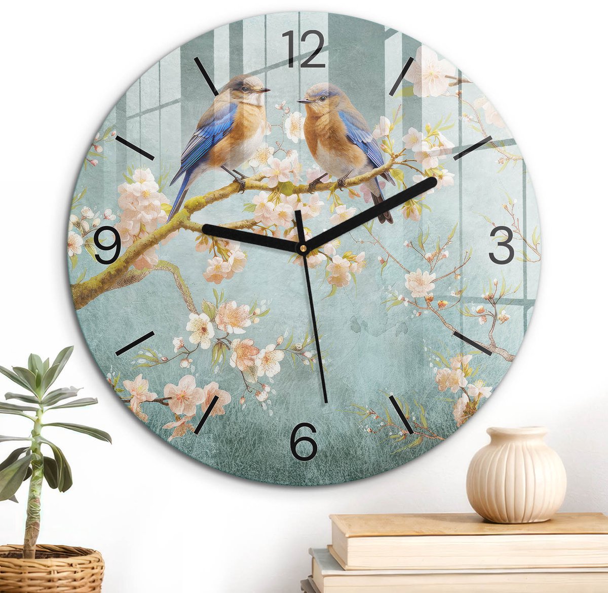 ArtPrintCave Turkoois Glazen Klok - Wandklok 30 cm - Muurklok Rond - Lente Harmonie Unieke Klok - Dieren Stille Wandklok - Zwarte Klokwijzers