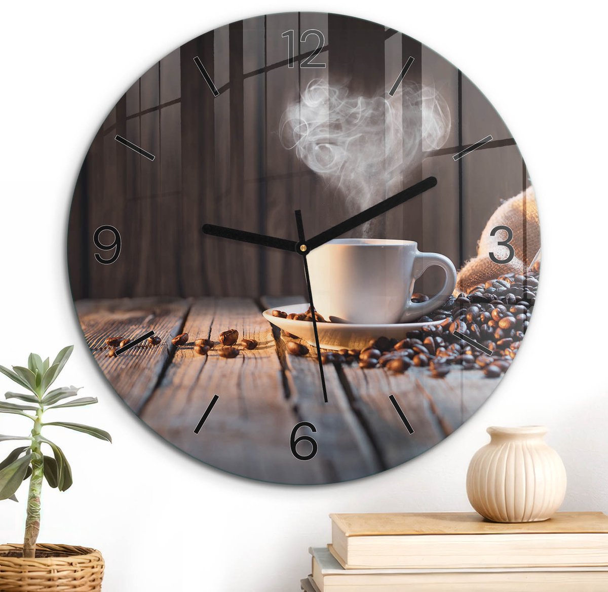 ArtPrintCave Bruin Glazen Klok - Wandklok 30 cm - Muurklok Rond - Koffieliefde Wandklok Keuken - Natuur Unieke Klok - Zwarte Klokwijzers