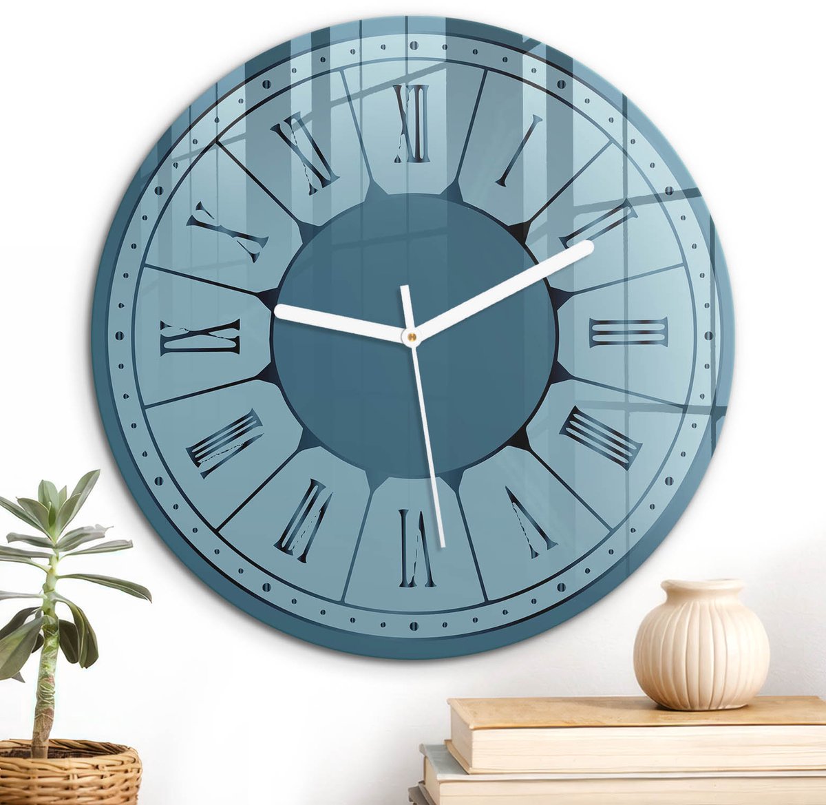 ArtPrintCave Blauw Glazen Klok - Wandklok 30 cm - Muurklok Rond - Geometrische Klok Wandklok Keuken - Abstractie Unieke Klok - Witte Klokwijzers