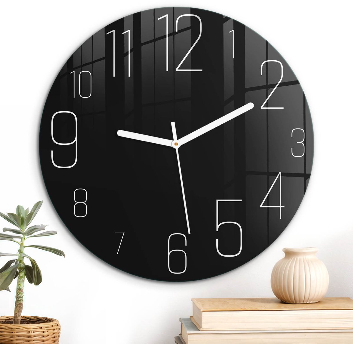 ArtPrintCave Zwart Glazen Klok - Wandklok 30 cm - Muurklok Rond - Minimalistische Klok Stille Wandklok - Geometrie Wandklok Keuken - Witte Klokwijzers