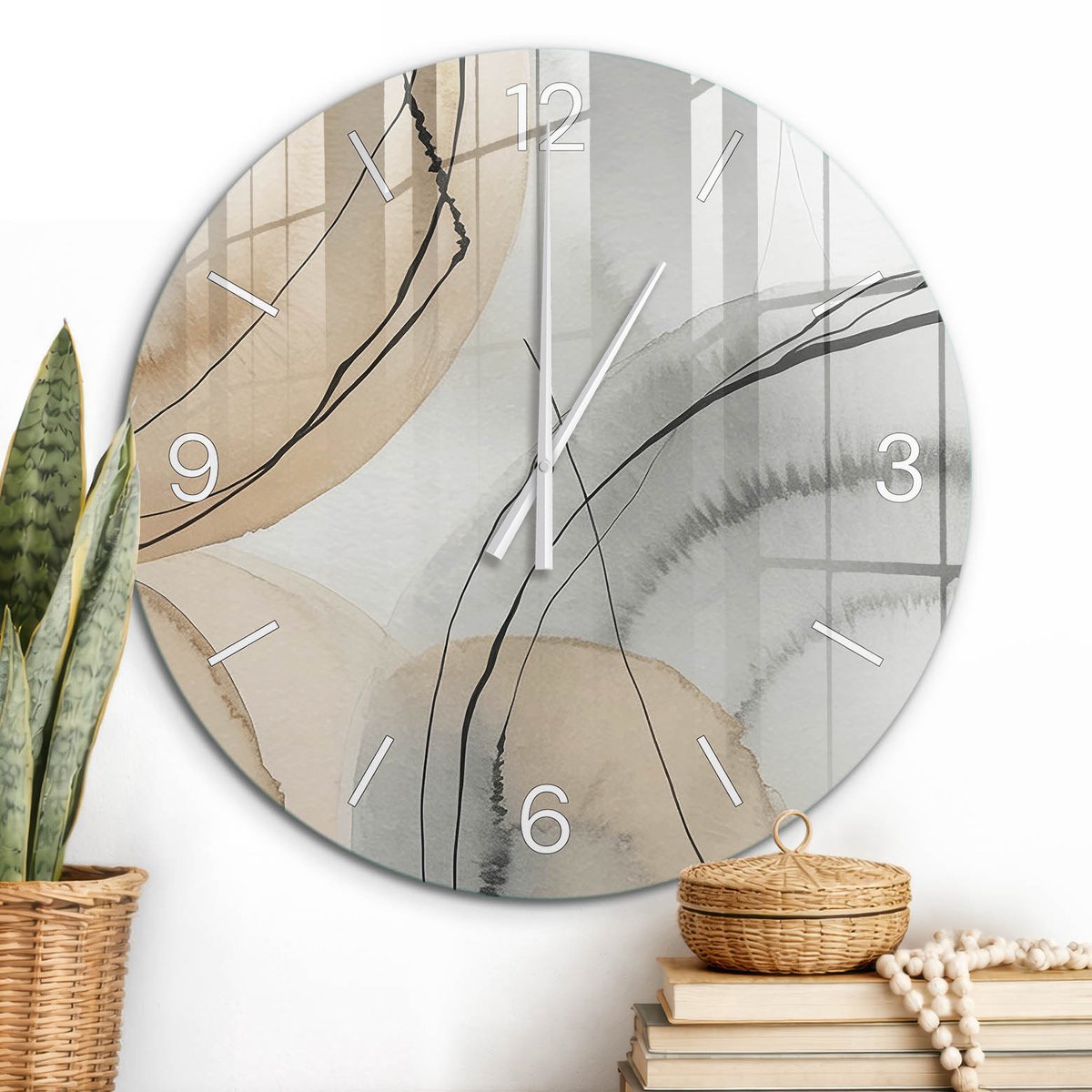 ArtPrintCave Beige Glazen Klok - Wandklok 60 cm - Muurklok Rond - Abstracte Cirkels Stille Wandklok - Achtergronden En Patronen Wandklok Keuken - Witte Klokwijzers
