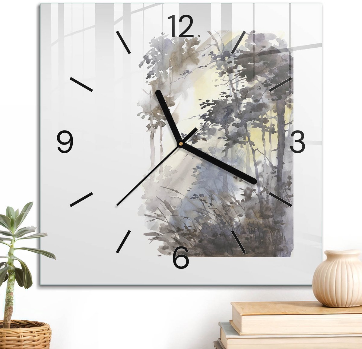 ArtPrintCave Grijs Glazen Klok - 30x30 cm - Wandklok Vierkant - Bosochtend Stille Wandklok - Kunst Wandklok Keuken - Zwarte Klokwijzers