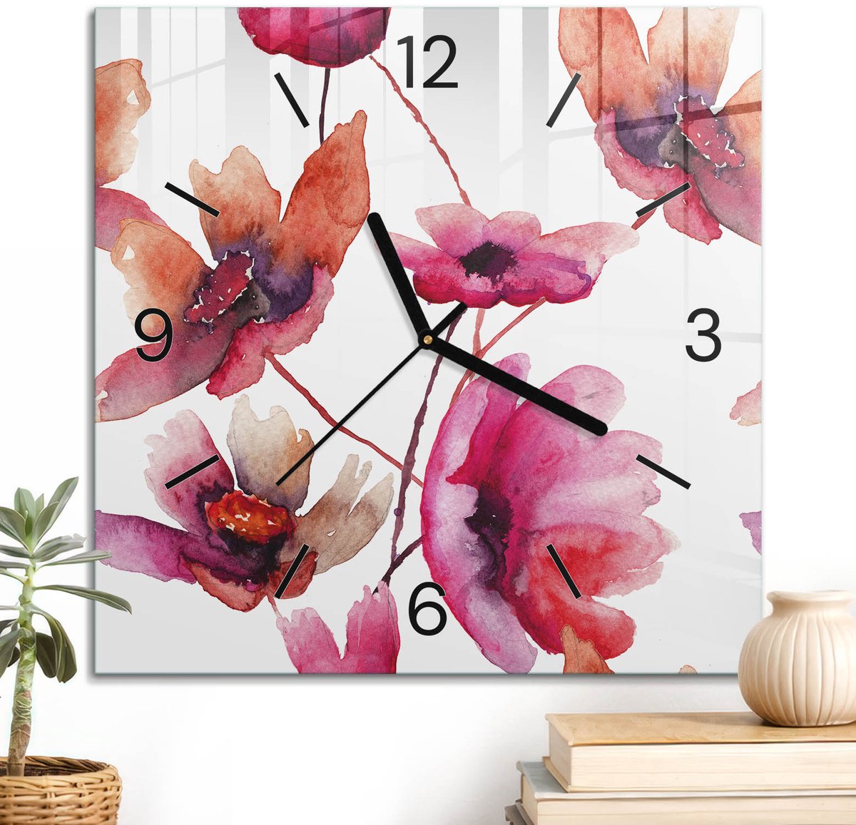 ArtPrintCave Rood Glazen Klok - 30x30 cm - Wandklok Vierkant - Bloemenpatroon Wandklok Keuken - Kunst Unieke Klok - Zwarte Klokwijzers