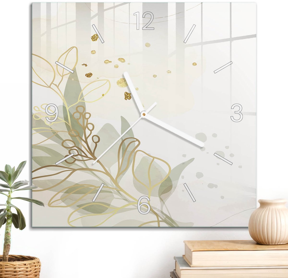 ArtPrintCave Beige Glazen Klok - 30x30 cm - Wandklok Vierkant - Pastel Elegantie Unieke Klok - Abstractie Stille Wandklok - Witte Klokwijzers