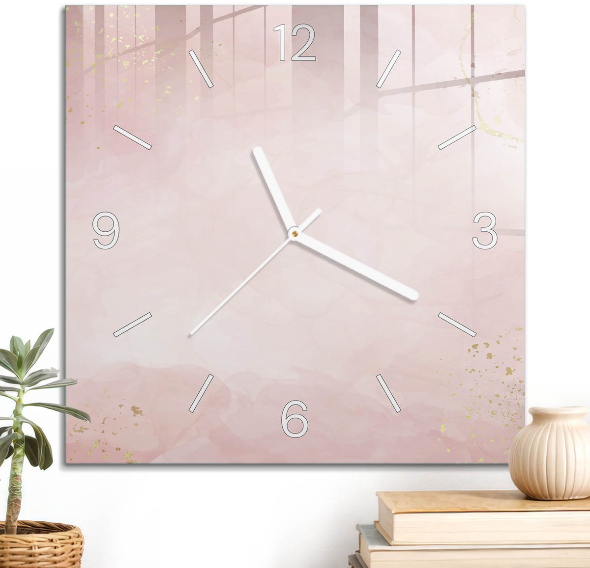 ArtPrintCave Roze Glazen Klok - 30x30 cm - Wandklok Vierkant - Roze Elegantie Stille Wandklok - Abstractie Wandklok Keuken - Witte Klokwijzers
