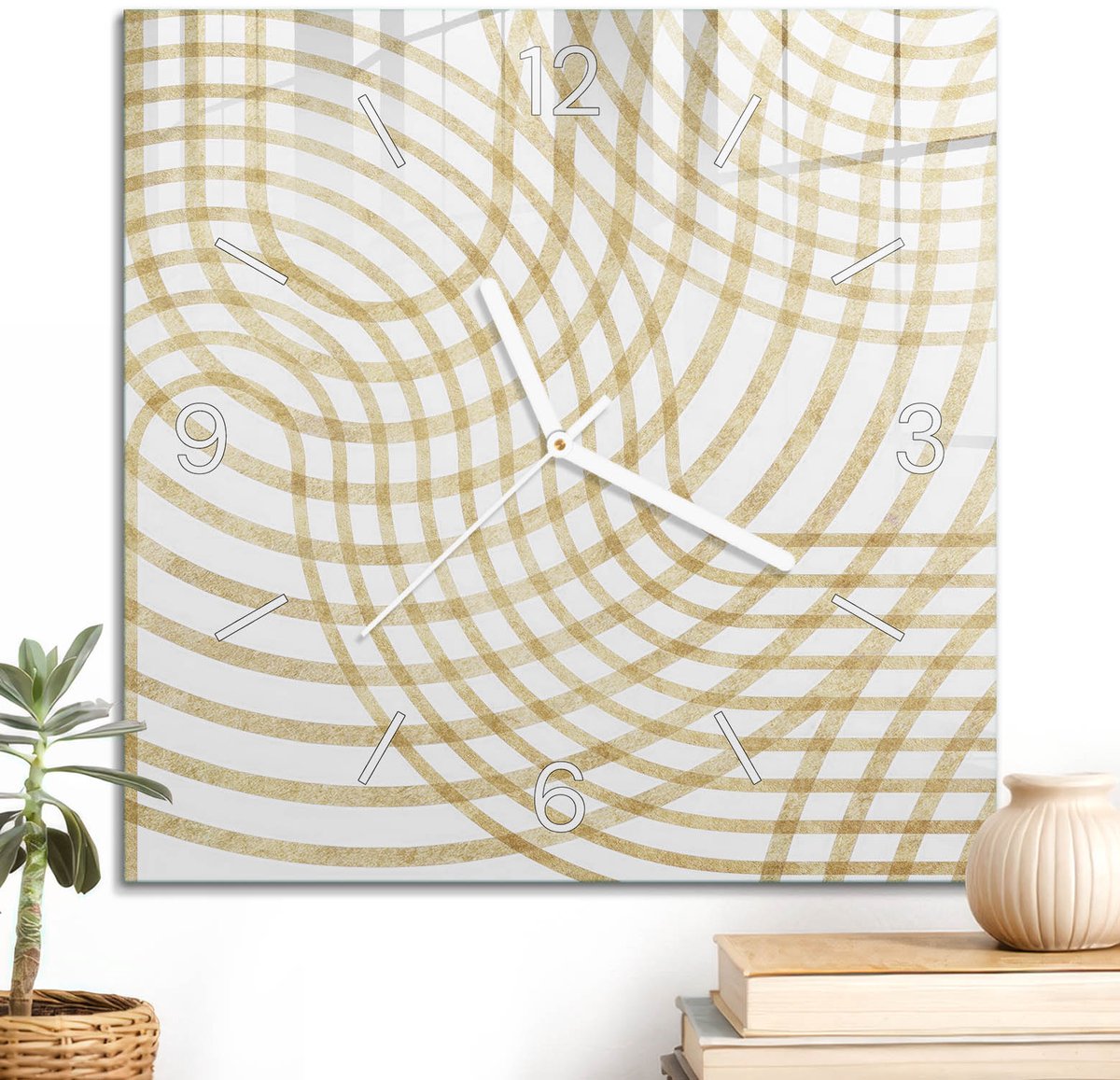 ArtPrintCave Wit Glazen Klok - 30x30 cm - Wandklok Vierkant - Geometrische Lijnen Wandklok Keuken - Abstractie Unieke Klok - Witte Klokwijzers