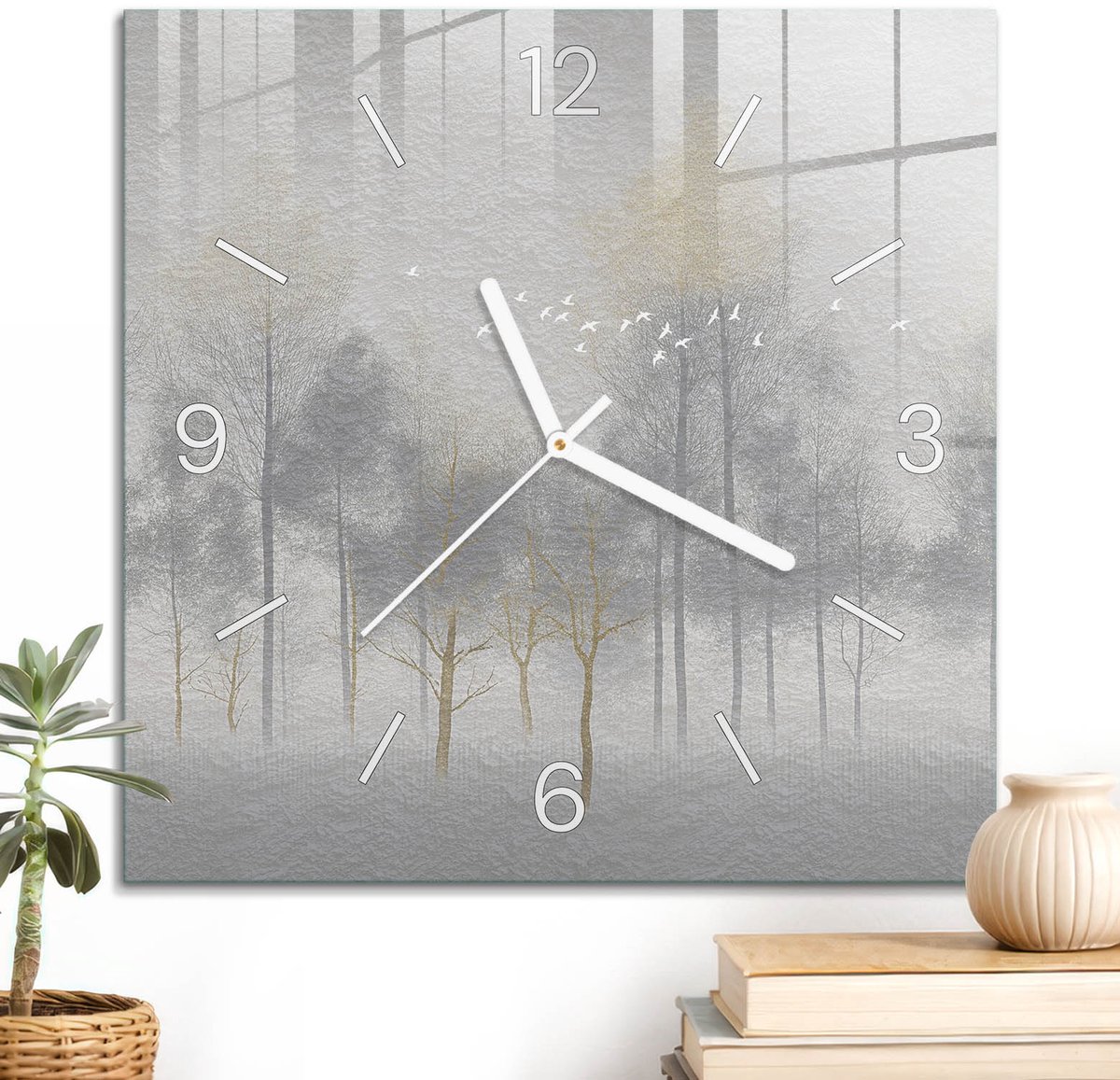 ArtPrintCave Grijs Glazen Klok - 30x30 cm - Wandklok Vierkant - Mystiek Bos Stille Wandklok - Landschappen Wandklok Keuken - Witte Klokwijzers