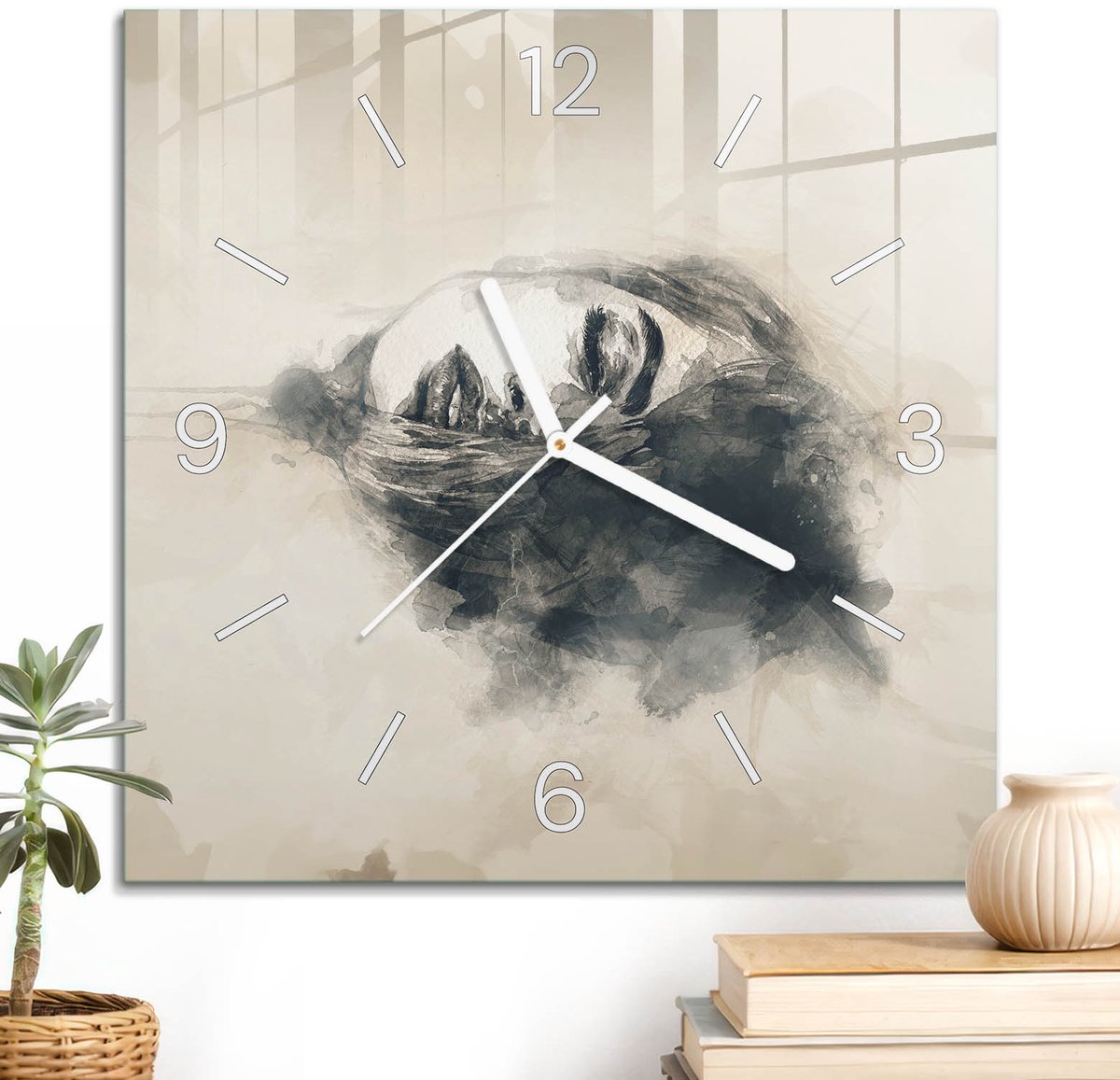 ArtPrintCave Beige Glazen Klok - 30x30 cm - Wandklok Vierkant - Droomgezicht Wandklok Keuken - Kunst Unieke Klok - Witte Klokwijzers