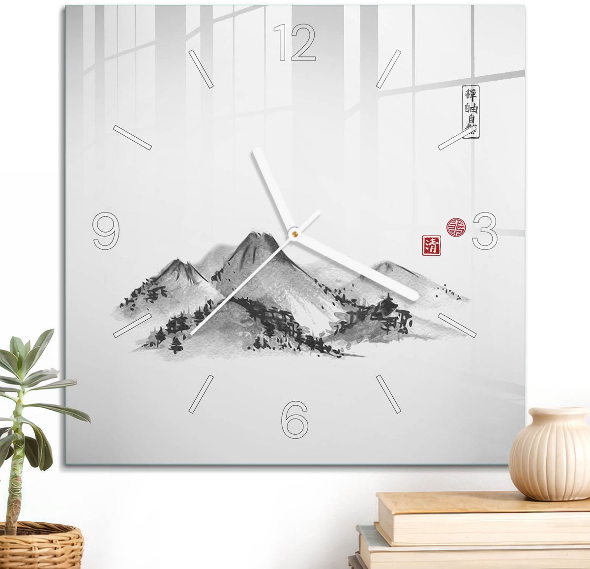 ArtPrintCave Zwart-wit Glazen Klok - 30x30 cm - Wandklok Vierkant - Berglandschap Unieke Klok - Natuur Stille Wandklok - Witte Klokwijzers