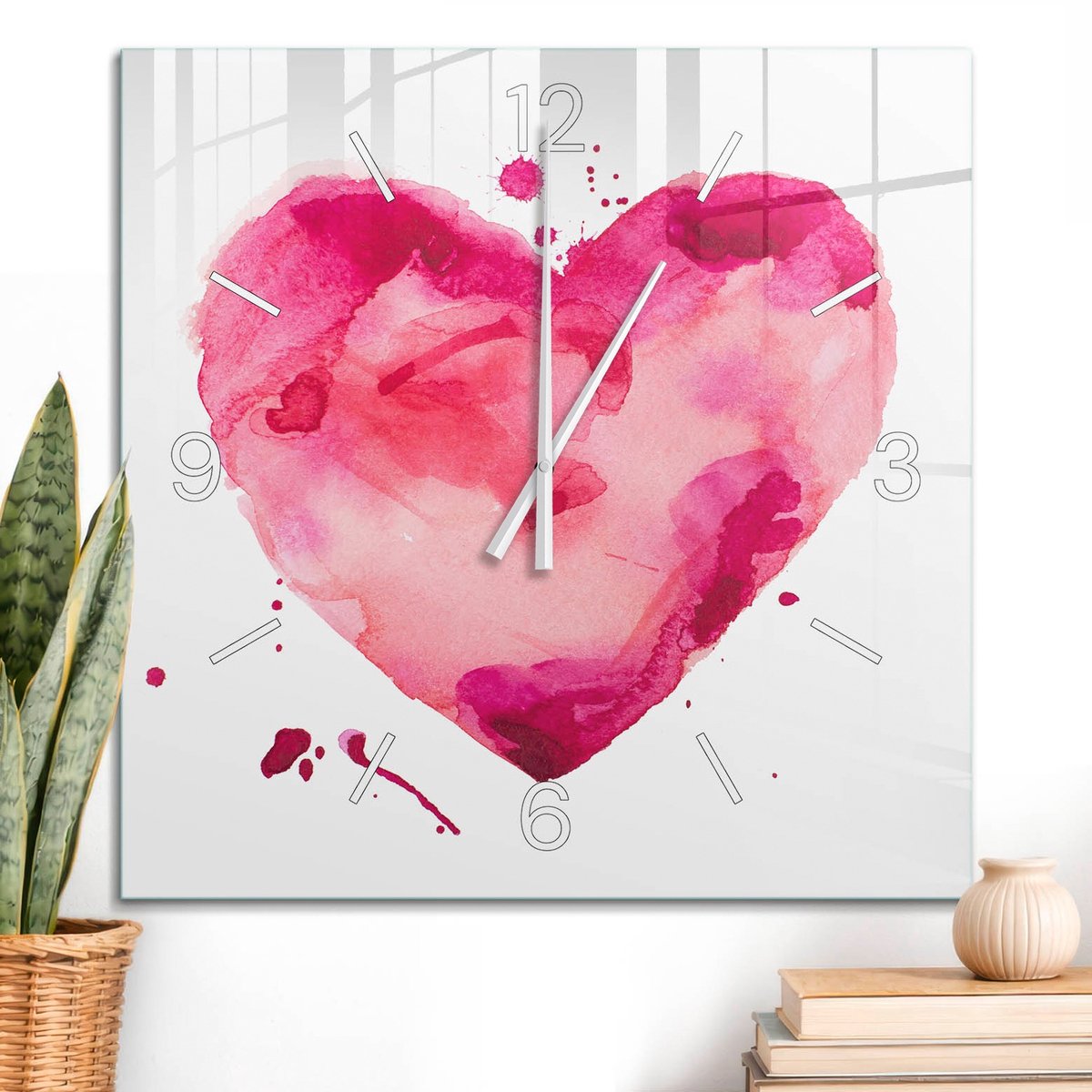 ArtPrintCave Roze Glazen Klok - 60x60 cm - Wandklok Vierkant - Kleurrijk Hart Stille Wandklok - Abstractie Wandklok Keuken - Witte Klokwijzers