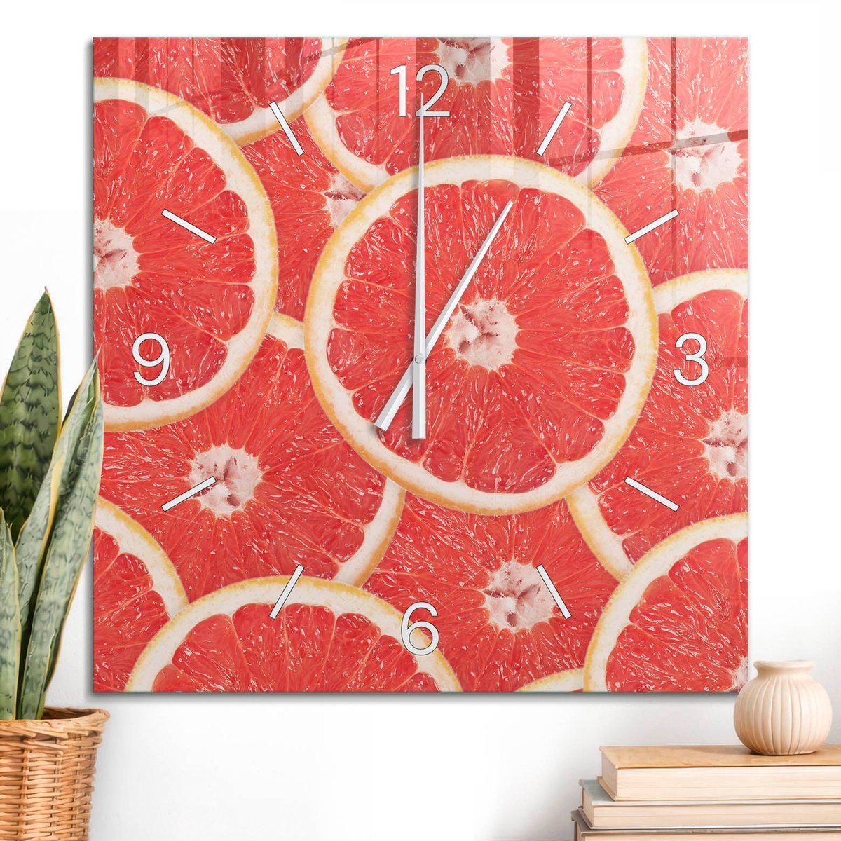 ArtPrintCave Rood Glazen Klok - 60x60 cm - Wandklok Vierkant - Sinaasappelschijfjes Wandklok Keuken - Abstractie Unieke Klok - Witte Klokwijzers
